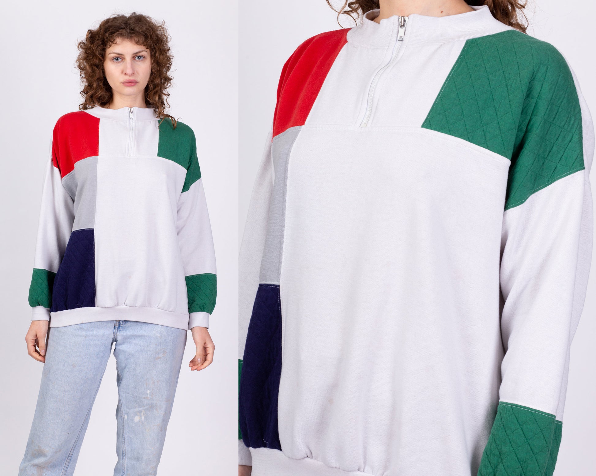 80s Color Block Quarter Zip Sweatshirt - XXL | Vintage Quilted Panel Athletic Pullover