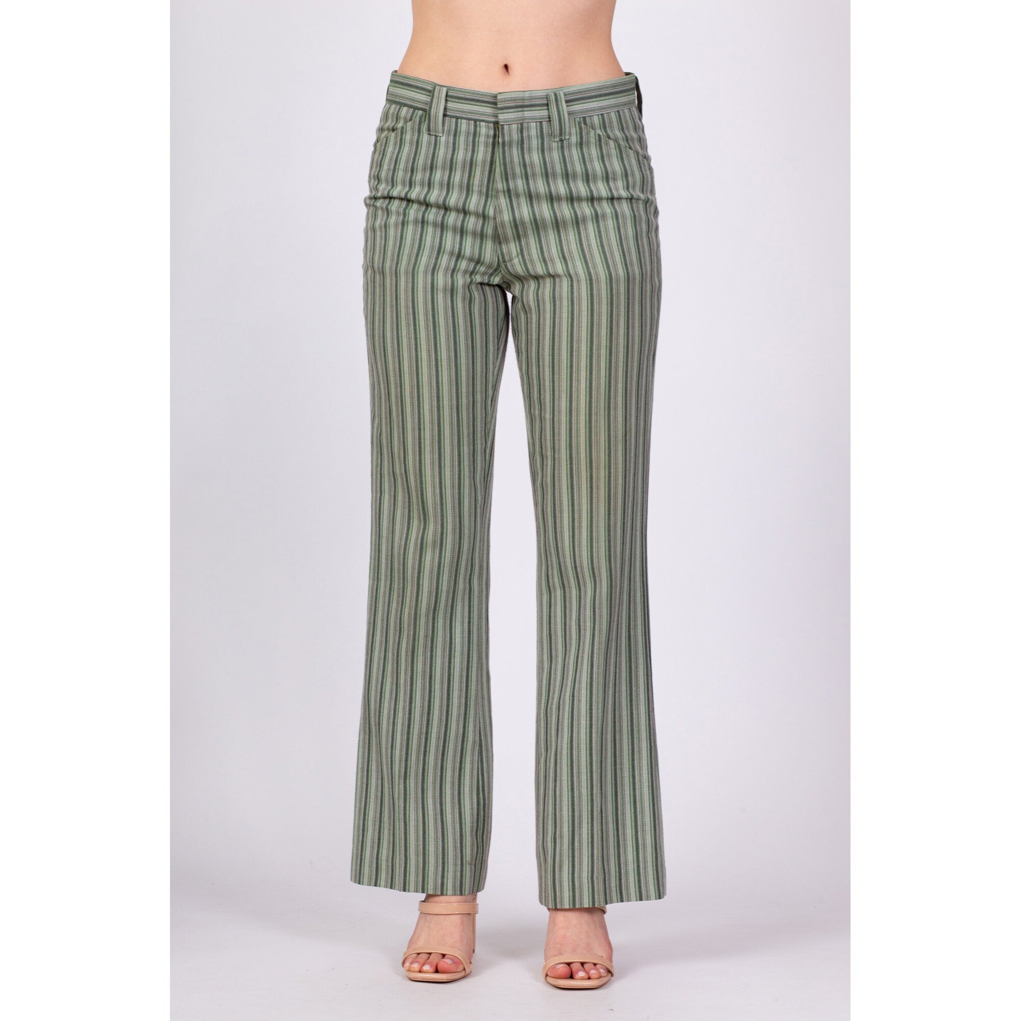 70s Green Striped Mid Rise Unisex Trousers - 32