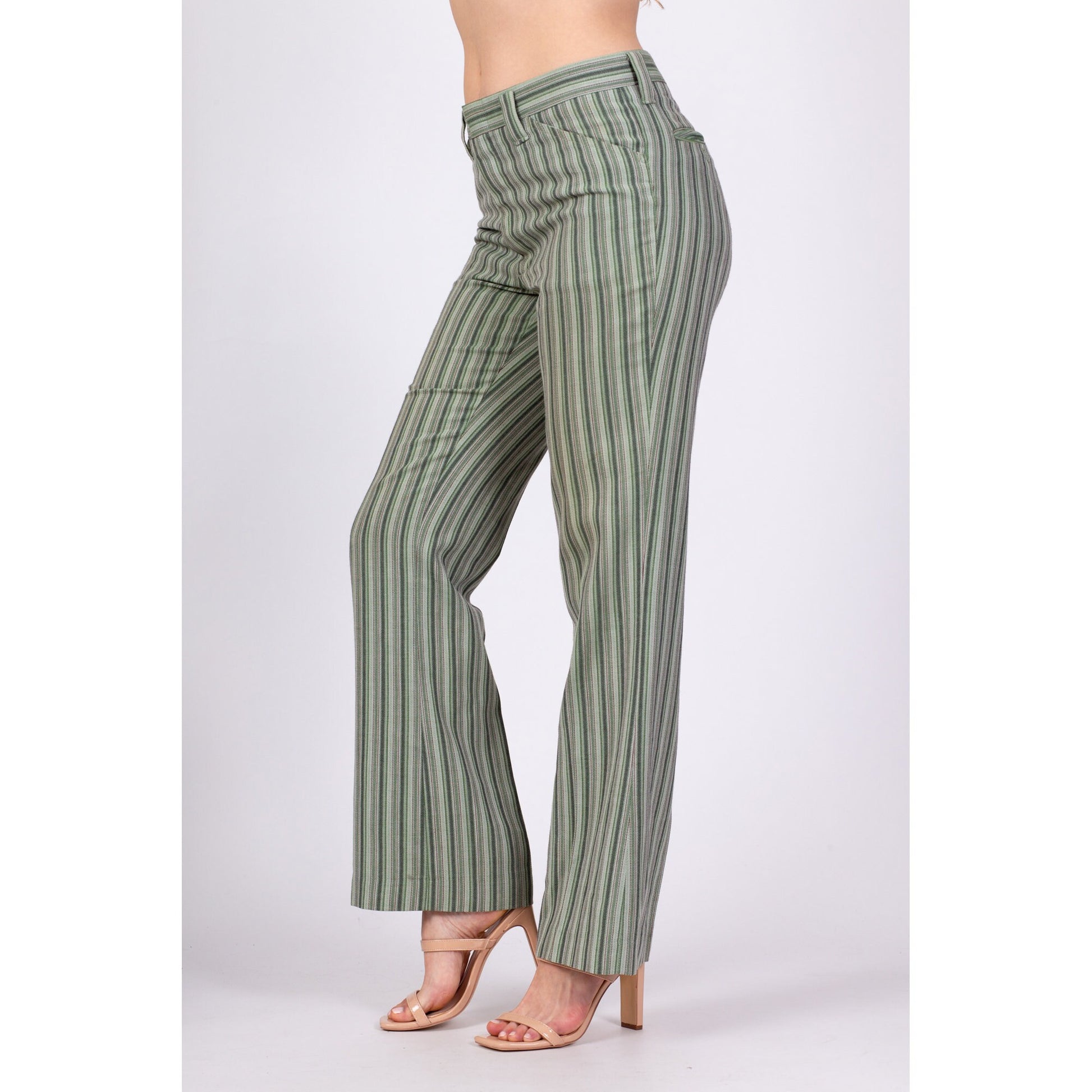 70s Green Striped Mid Rise Unisex Trousers - 32" Waist
