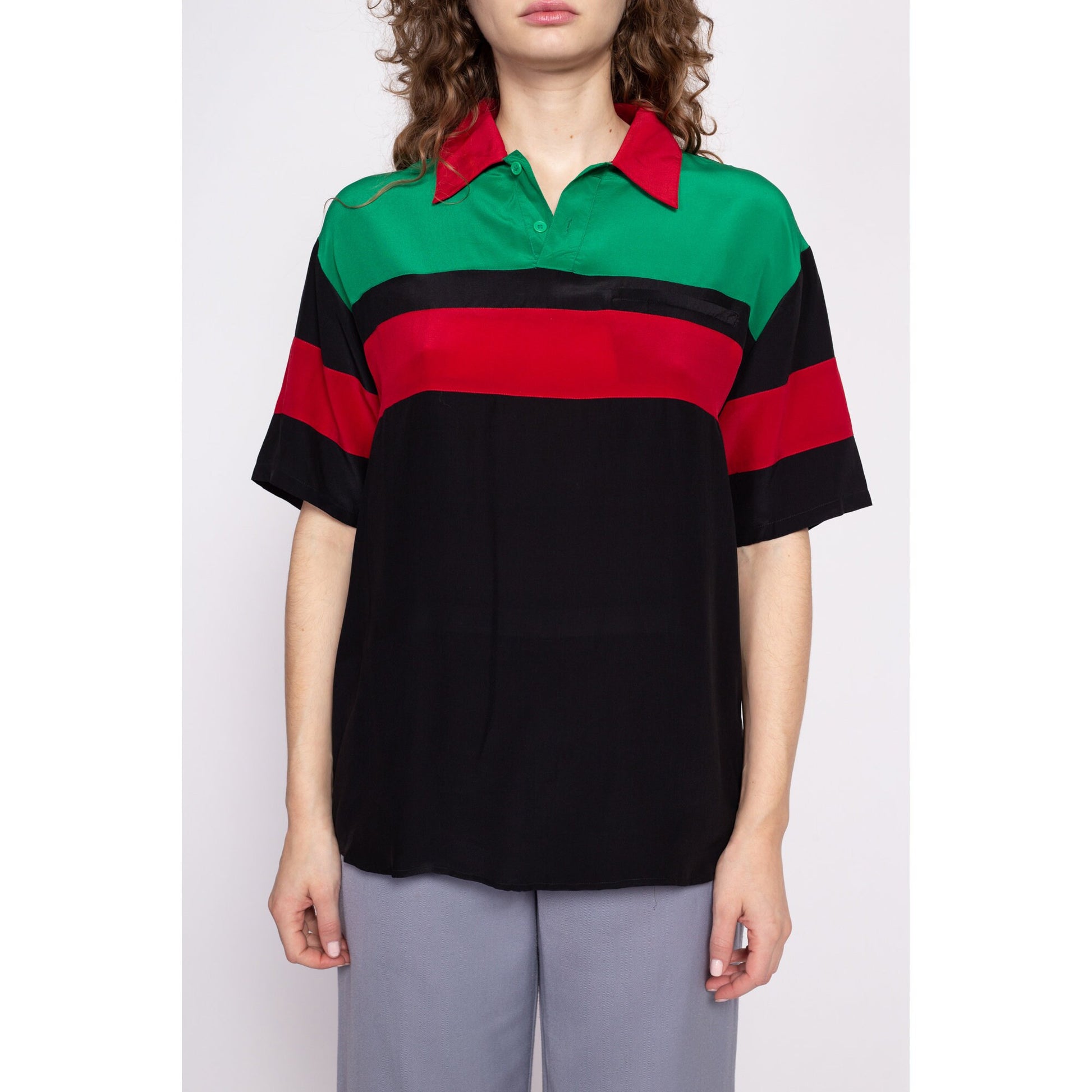 80s Black Silk Striped Polo Shirt - Men's Medium
