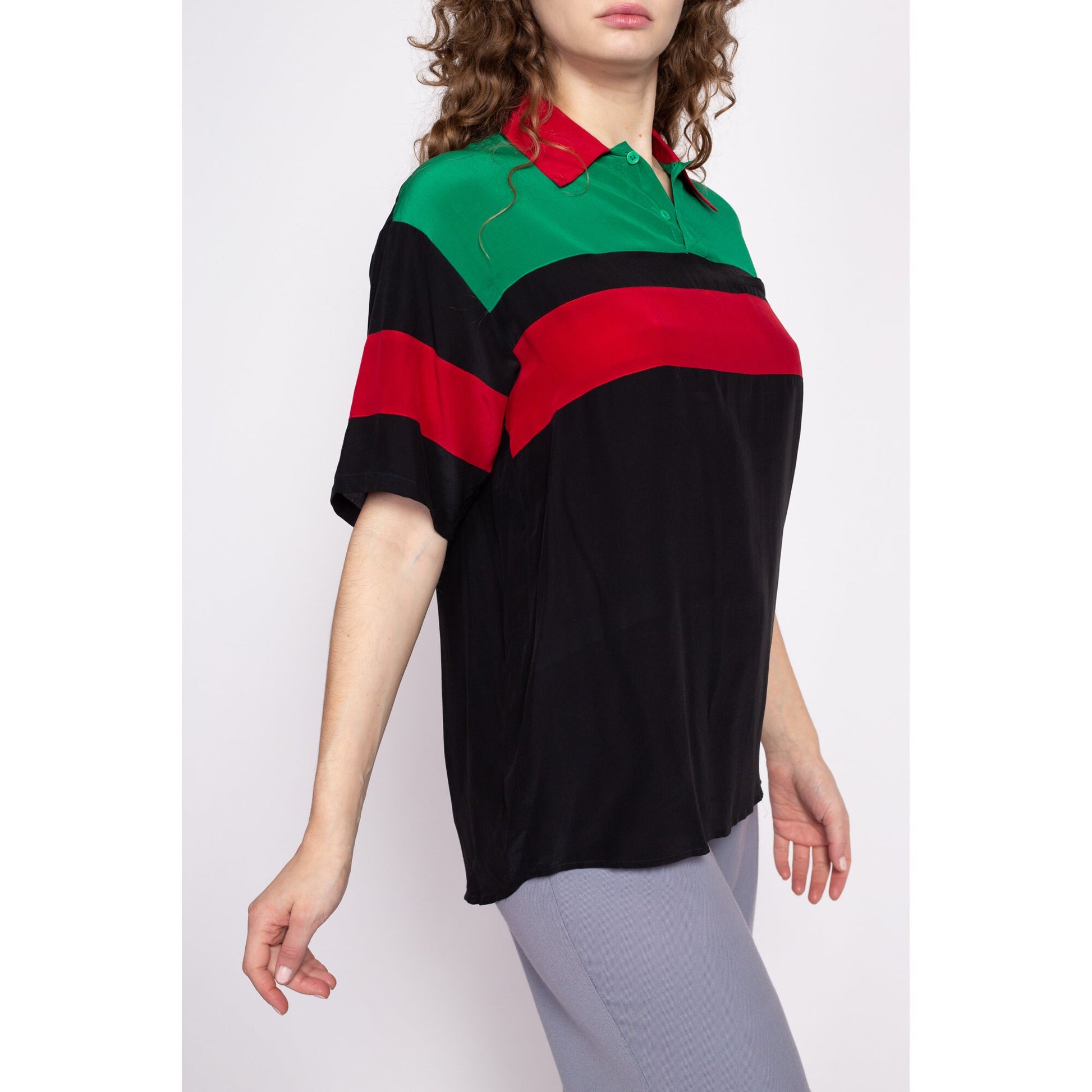 80s Black Silk Striped Polo Shirt - Men's Medium