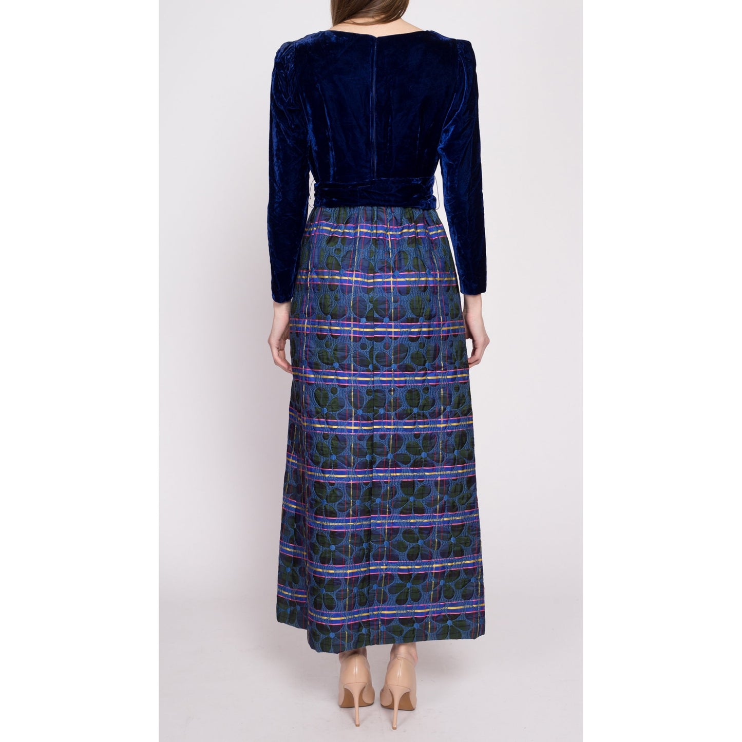 60s Blue Velvet & Quilted Skirt Maxi Dress - Small