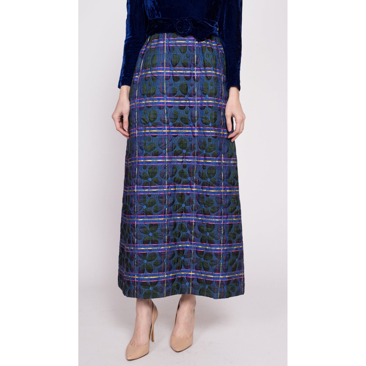 60s Blue Velvet & Quilted Skirt Maxi Dress - Small