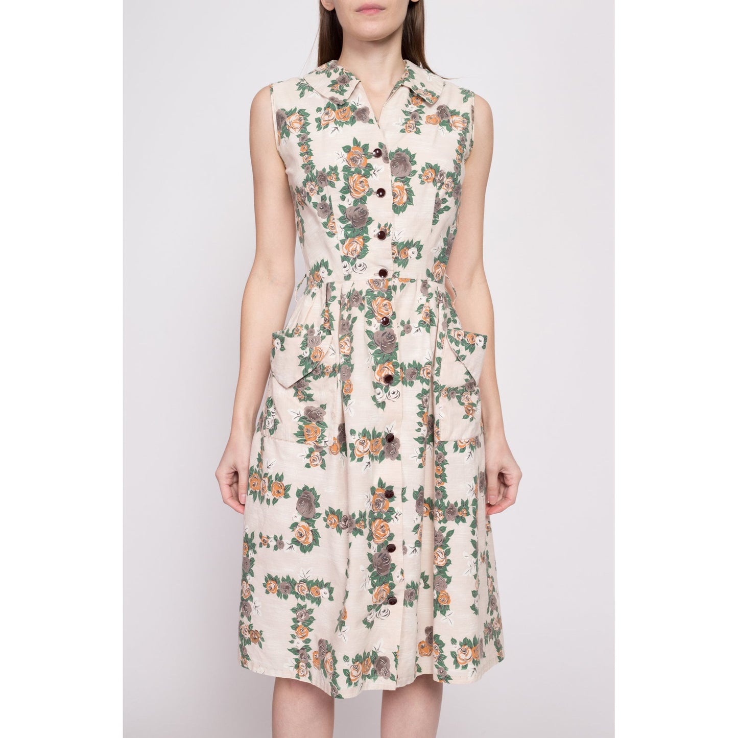 60s Rose Print Pocket Day Dress - Extra Small