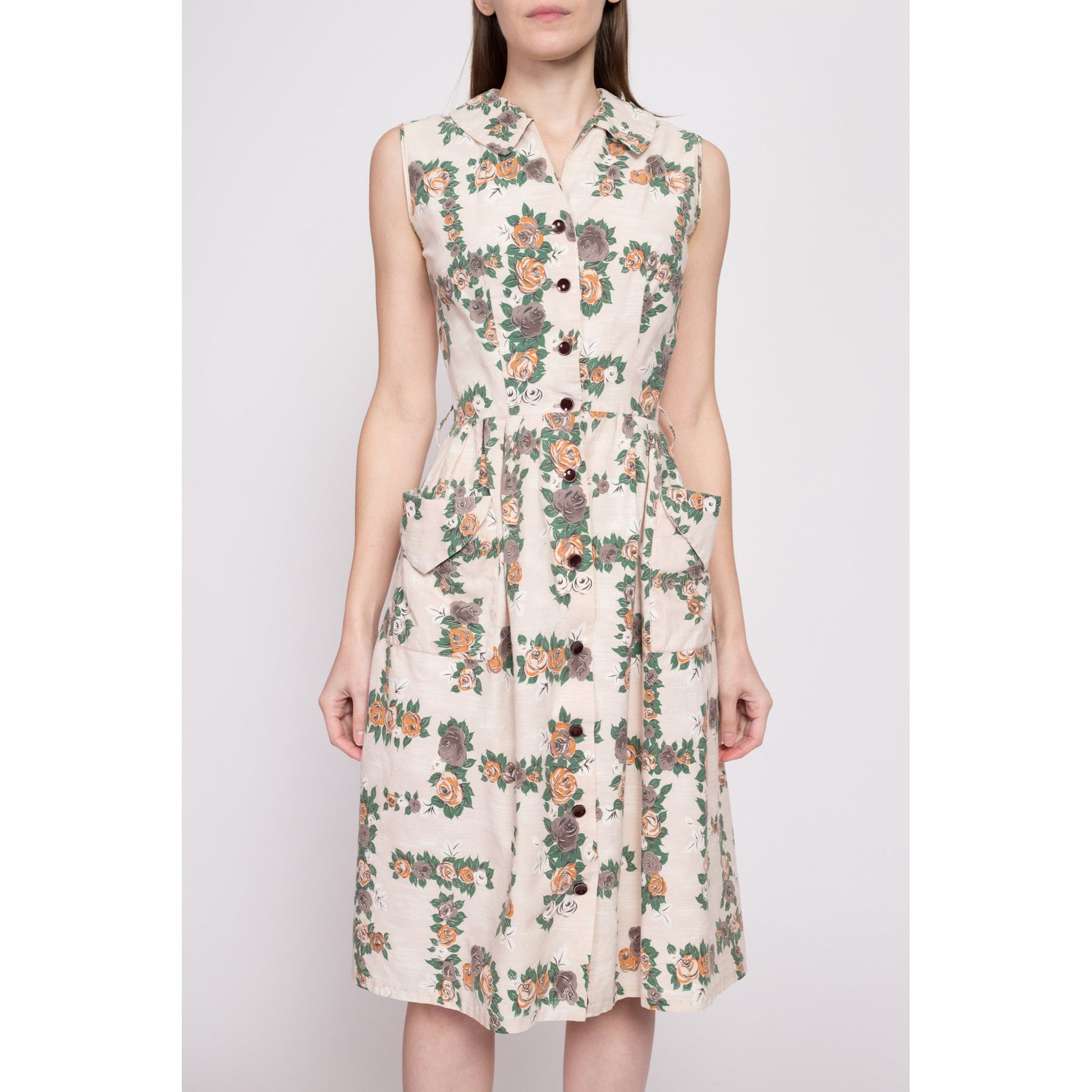 60s Rose Print Pocket Day Dress - Extra Small