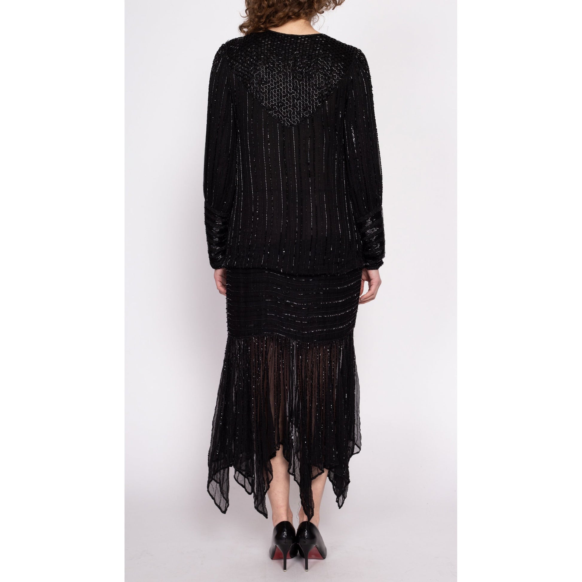 80s Does 20s Black Silk Beaded Flapper Dress, As Is - Small