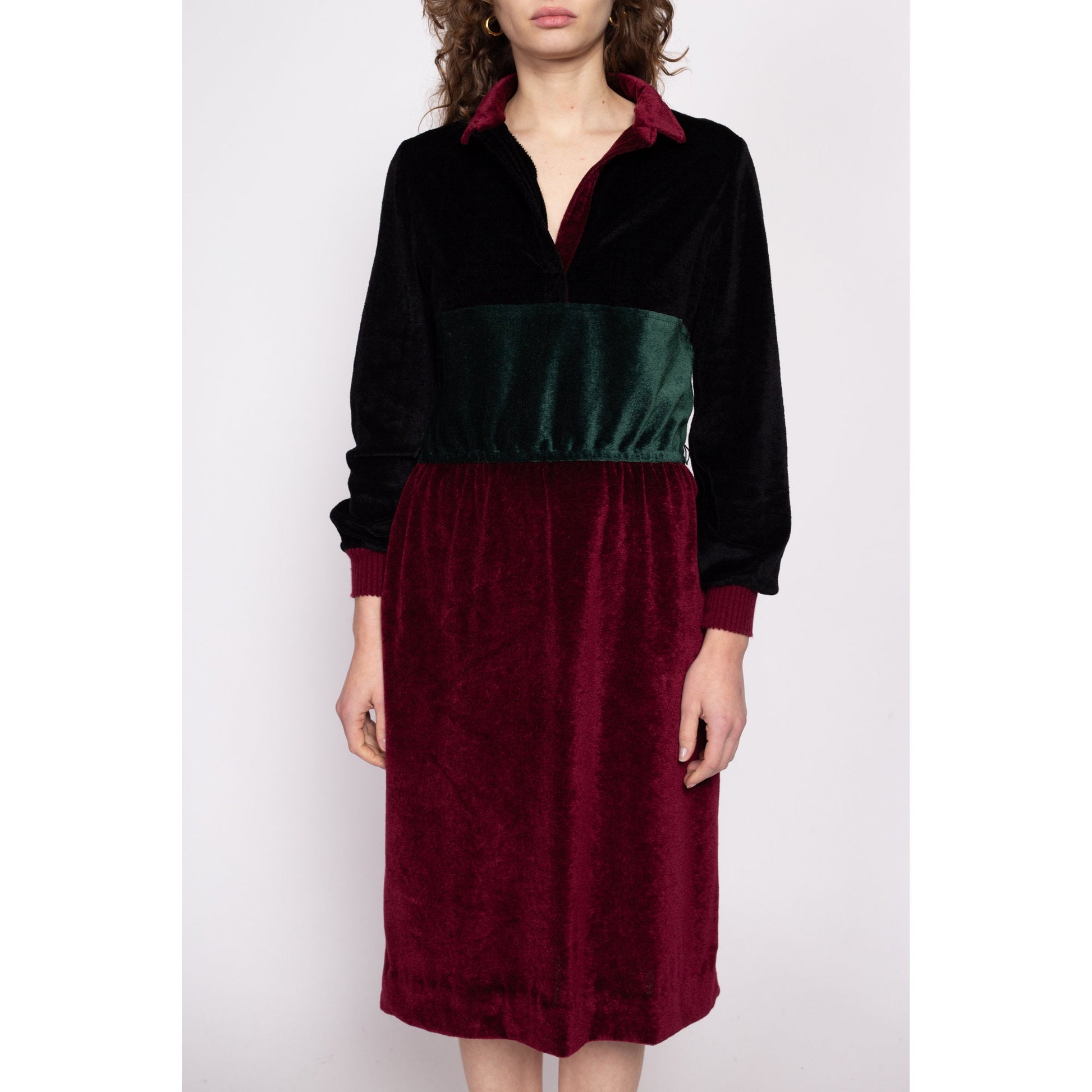 70s Jewel Tone Velour Midi Shirtdress - Medium to Large