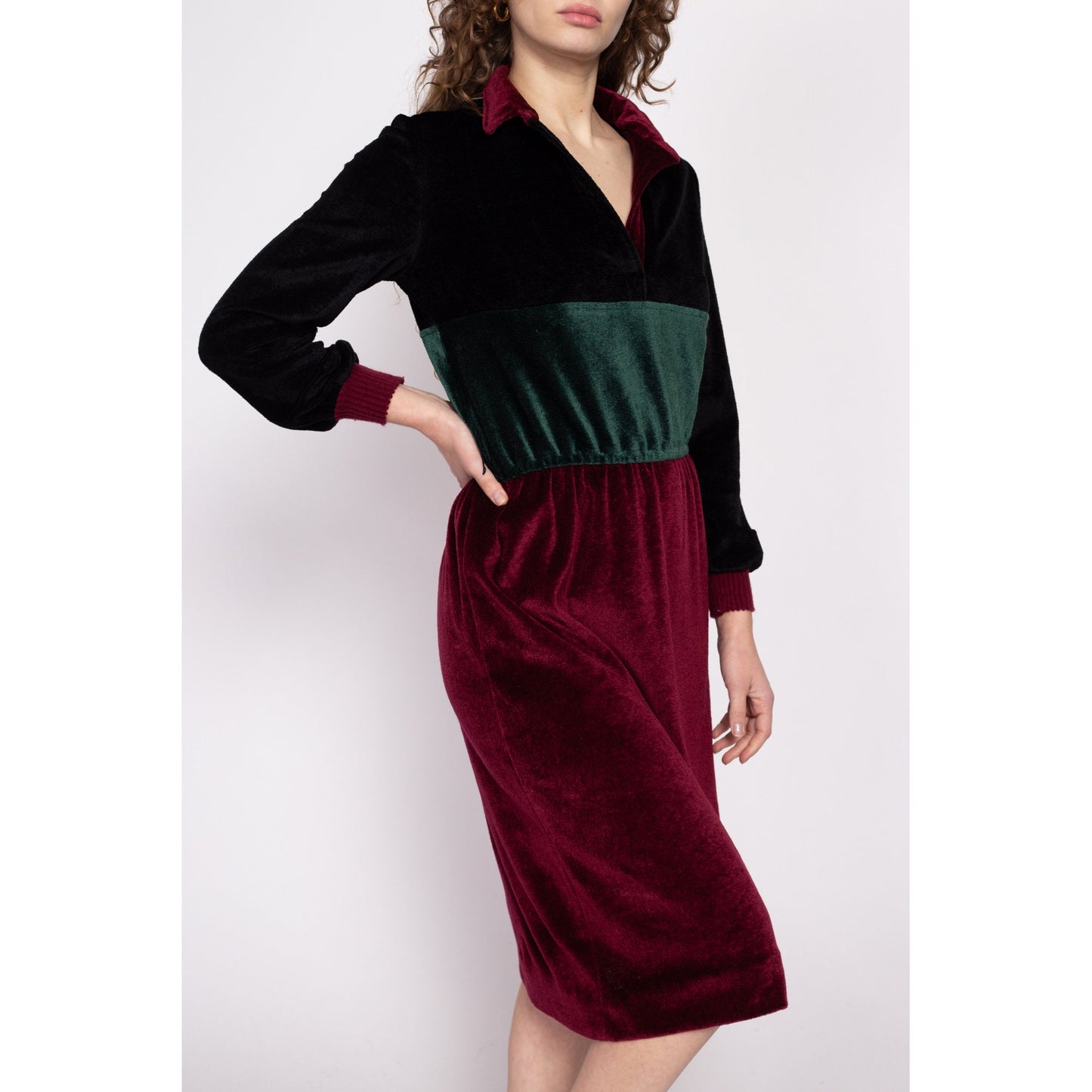 70s Jewel Tone Velour Midi Shirtdress - Medium to Large