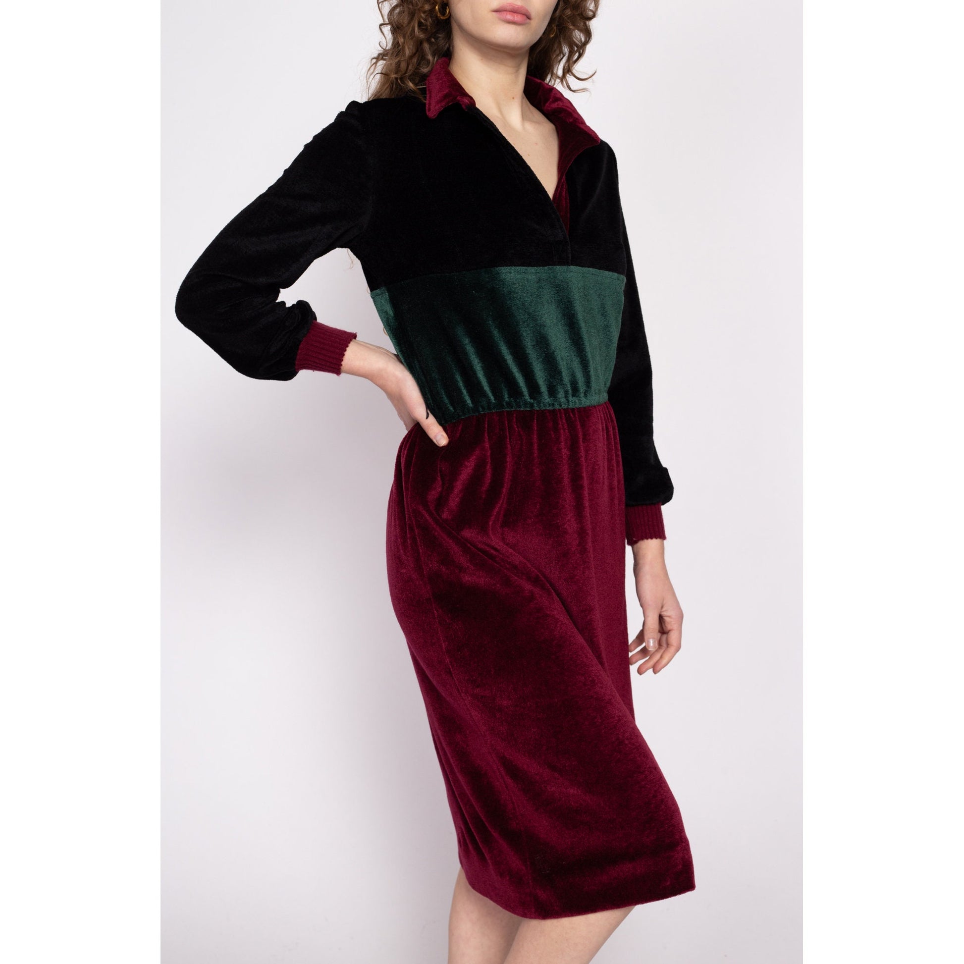 70s Jewel Tone Velour Midi Shirtdress - Medium to Large