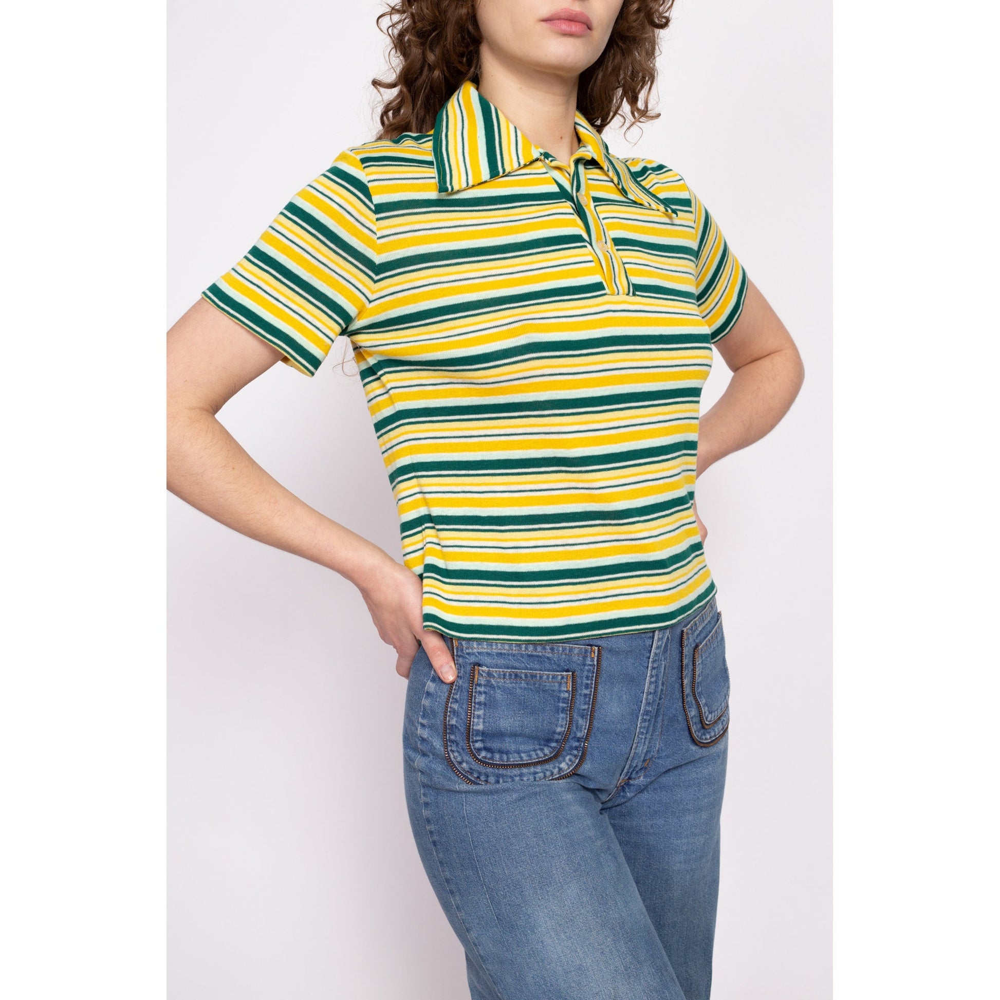 70s Yellow & Green Striped Cropped Polo Shirt - Large