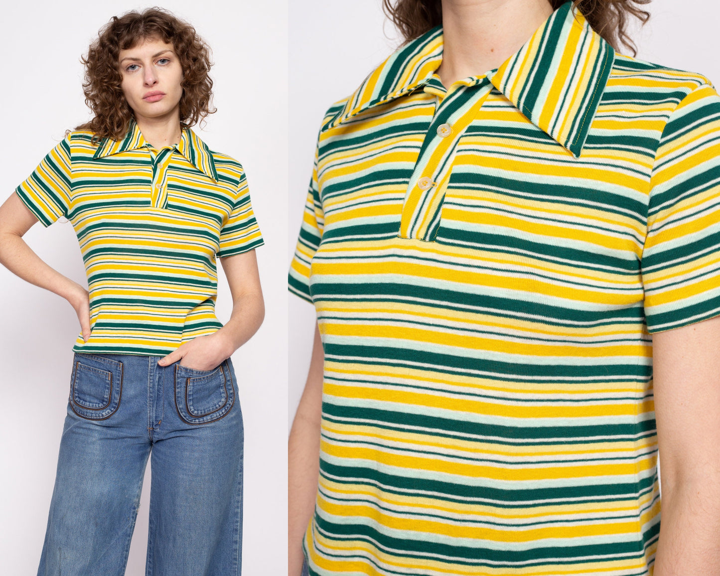 dramatiker Fritid erhvervsdrivende 70s Yellow & Green Striped Cropped Polo Shirt - Large – Flying Apple Vintage