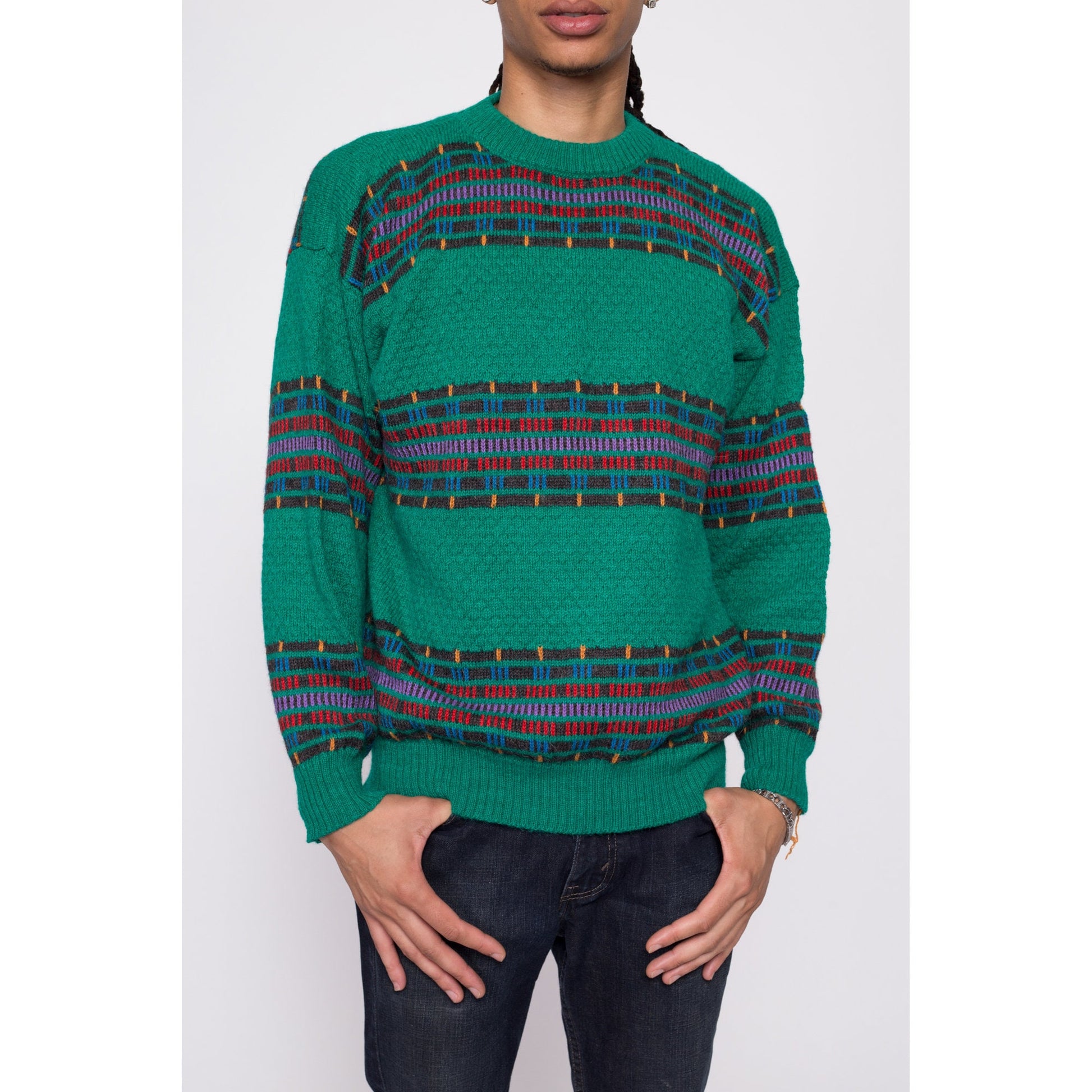 Vintage Green Striped Alpaca Wool Sweater - Men's Medium