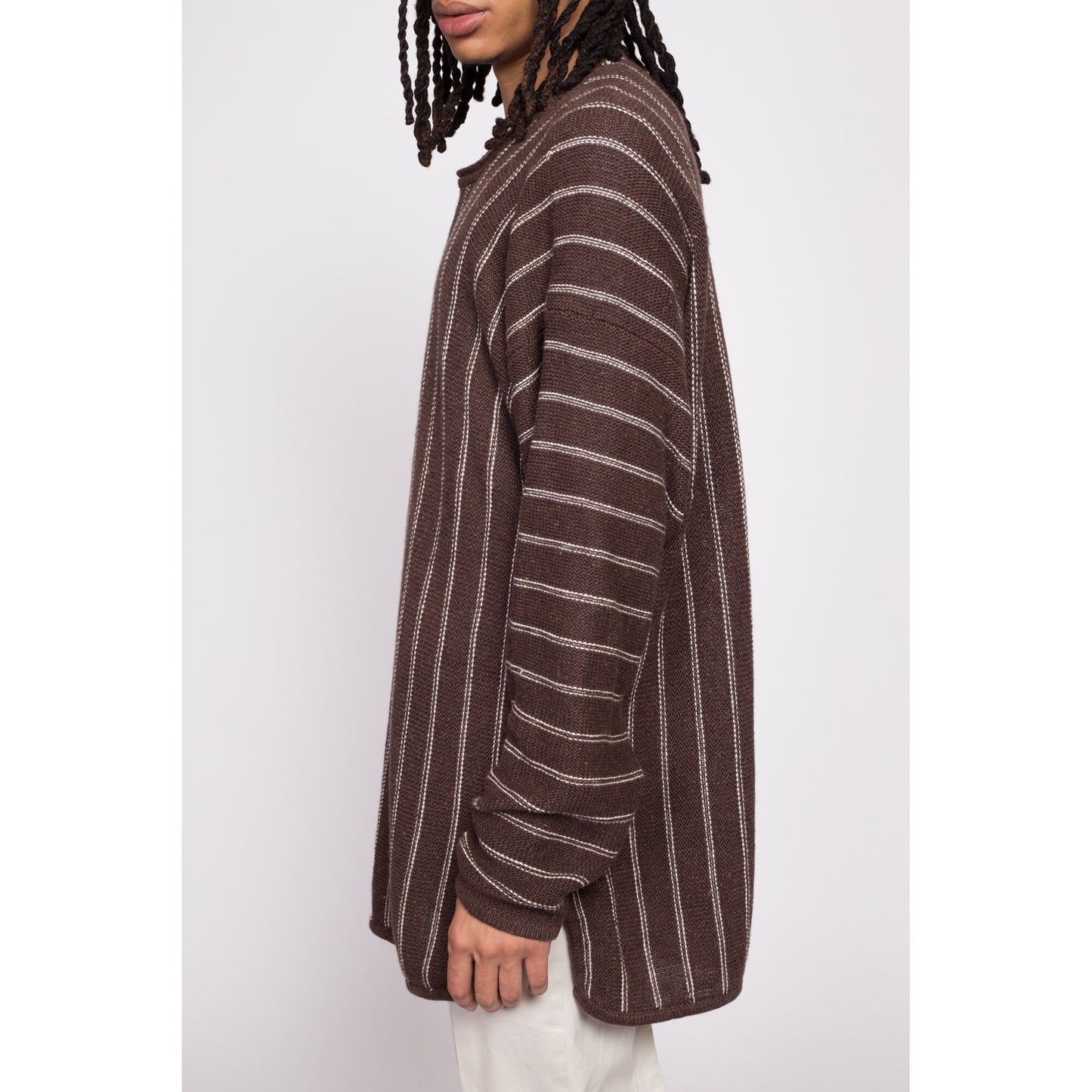 90s Brown & White Striped Tunic Sweater - Men's Medium to Large