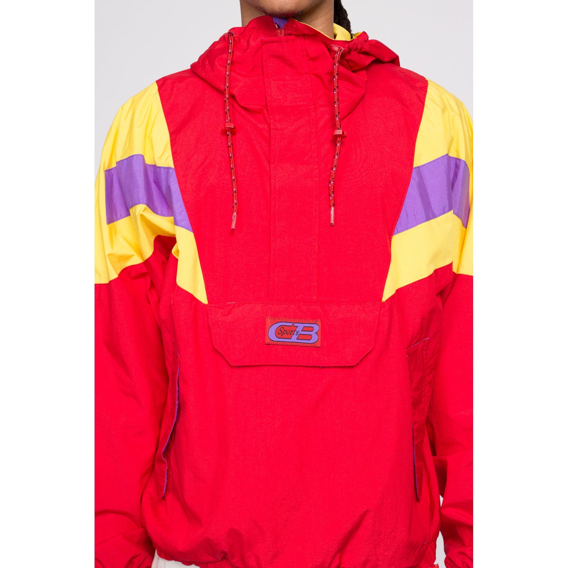 80s Red Color Block Windbreaker Hoodie - Men's Medium | Vintage CB Sports Half Zip Pullover Track Jacket