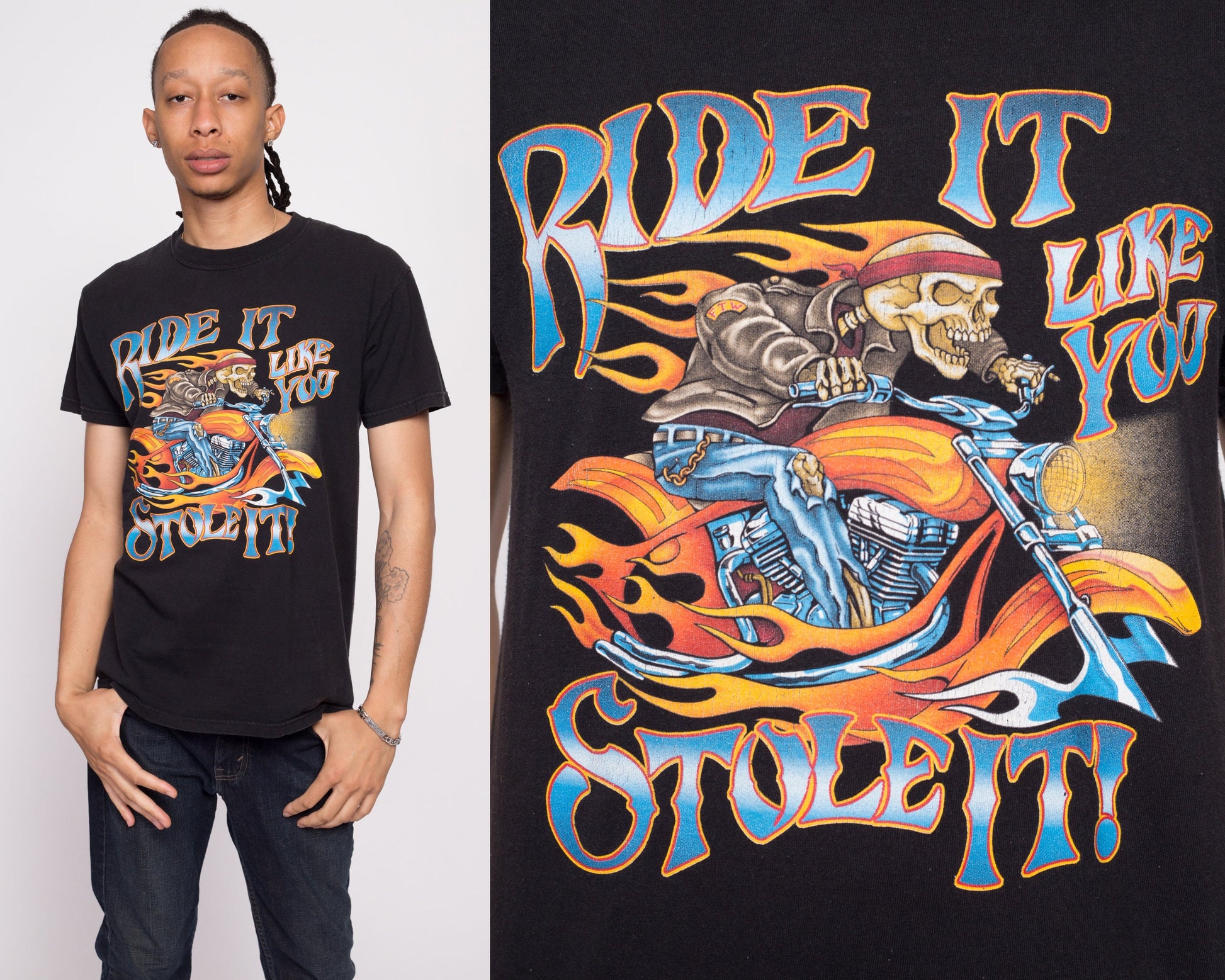 Y2K Skeleton Biker "Ride It Like You Stole It" T Shirt - Men's Medium