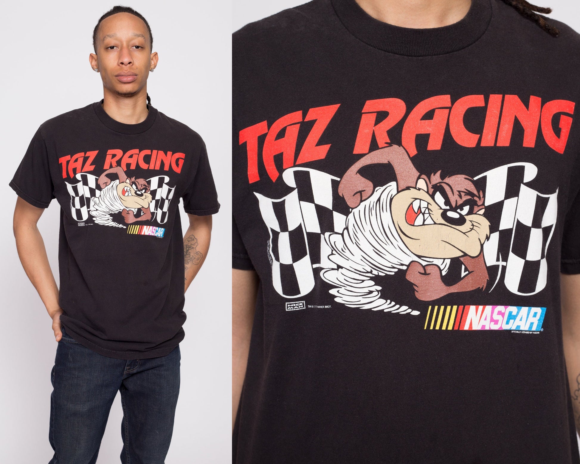 90s Tasmanian Devil NASCAR Racing T Shirt - Men's Medium | Vintage Taz Racing Looney Tunes Graphic Tee