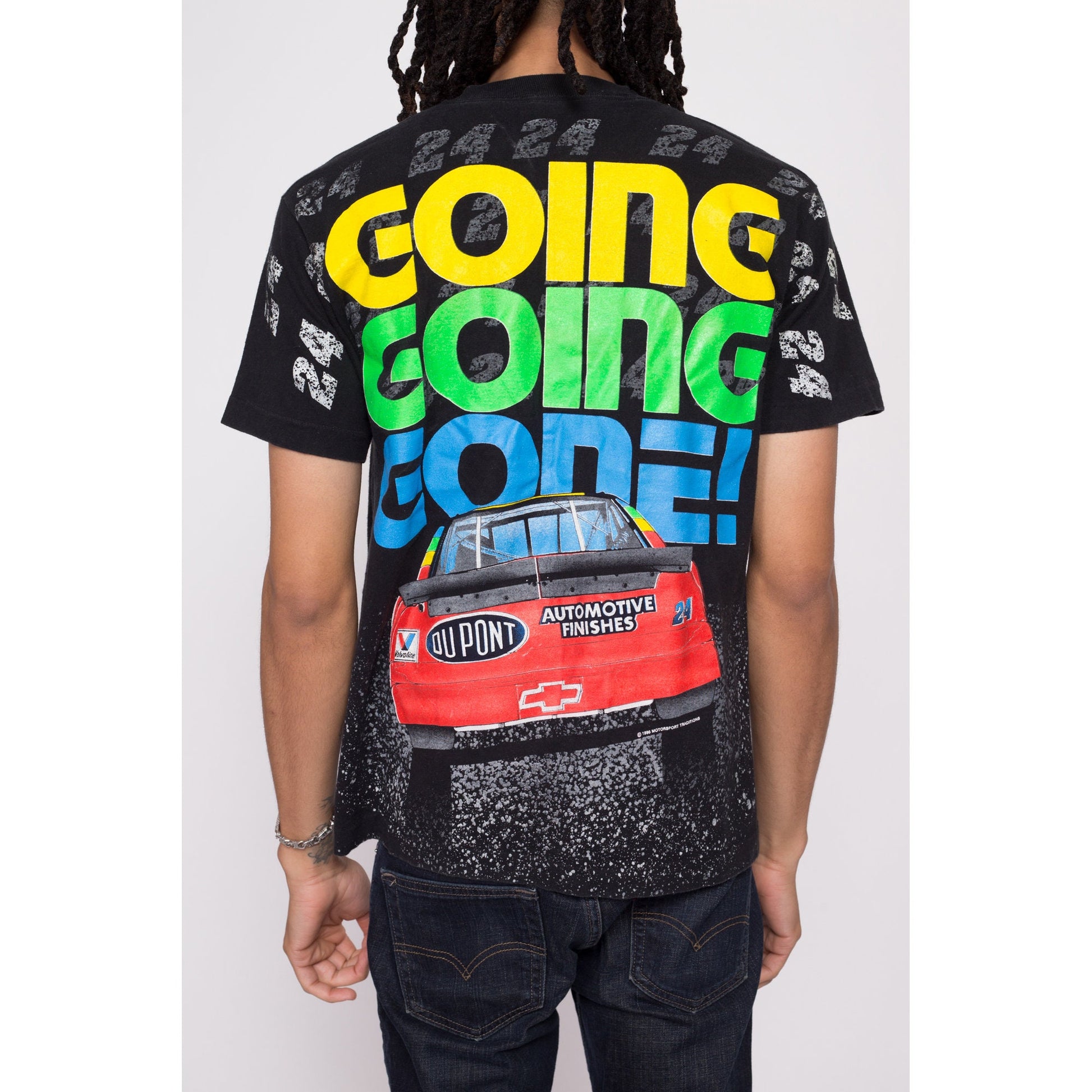 90s Jeff Gordon NASCAR "Going Going Gone!" All Over Print Tee - Men's Medium | Vintage Black Du Pont Race Car Graphic T Shirt