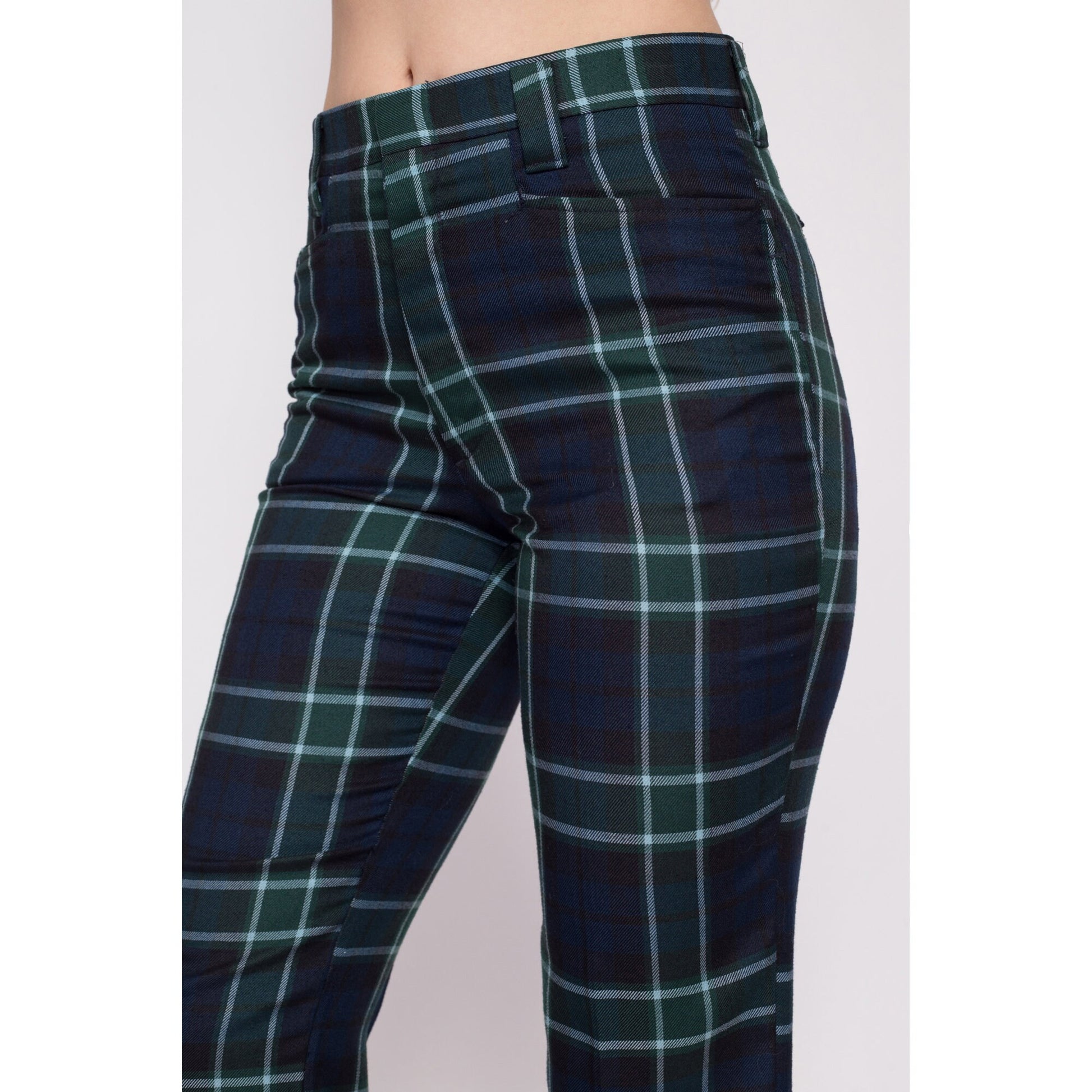 70s Blue & Green Plaid Kick Flare Trousers - Medium Short