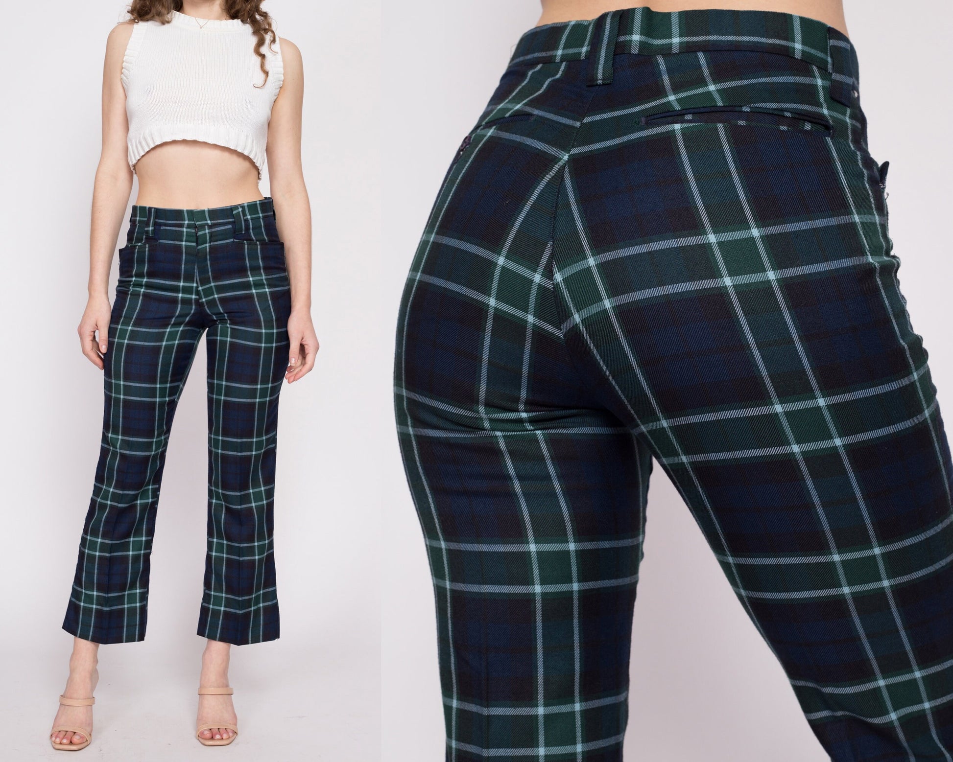 70s Blue & Green Plaid Kick Flare Trousers - Medium Short – Flying Apple  Vintage