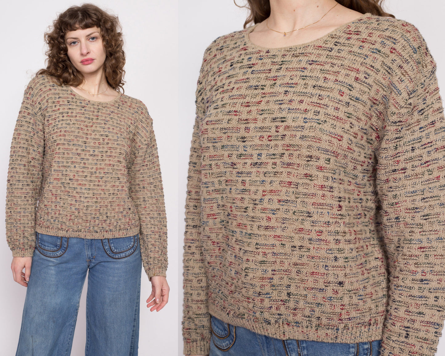 80s 90s Brown Patterned Knit Sweater - Medium