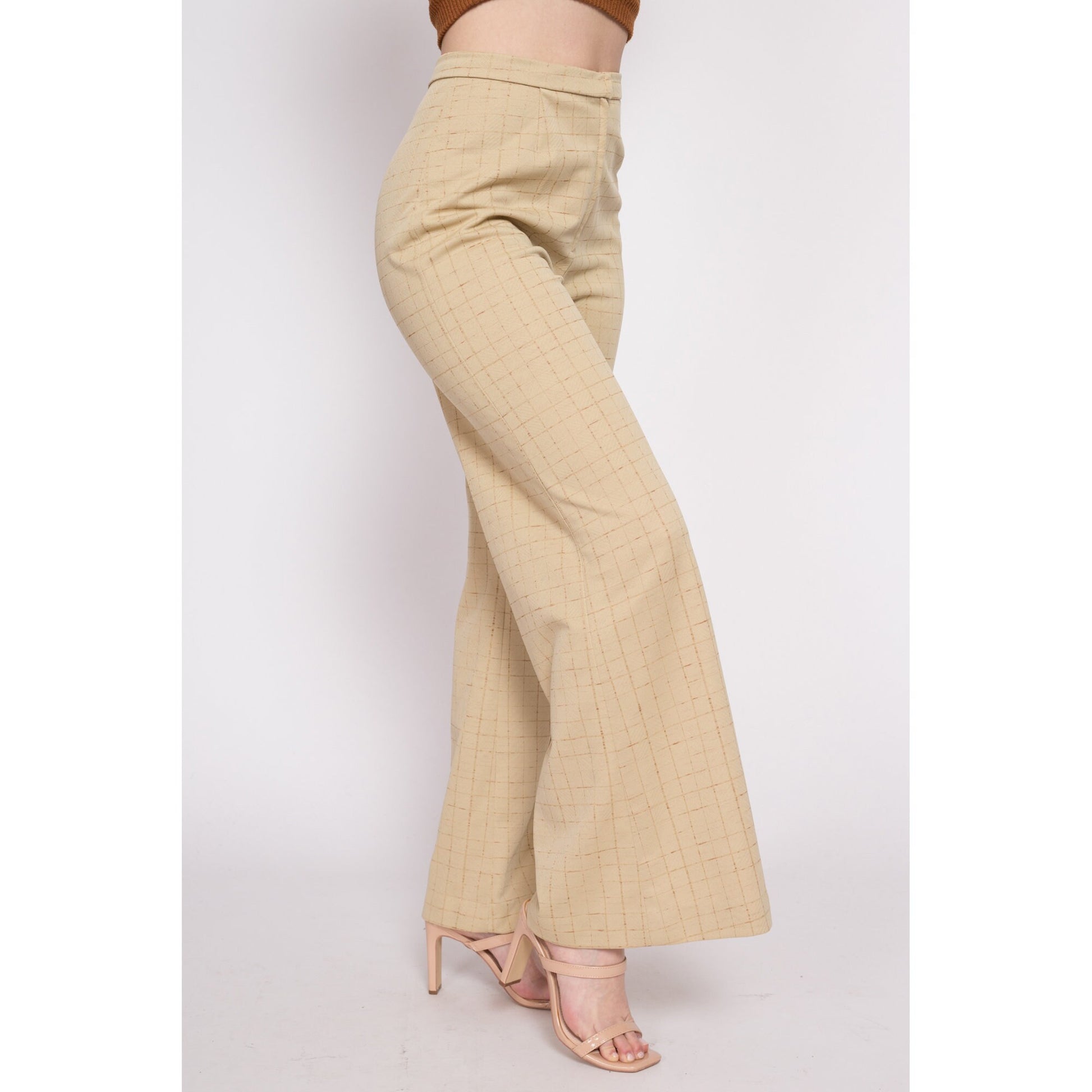 70s Tan Grid Print Wide Leg Pants - Medium, 27"-28"