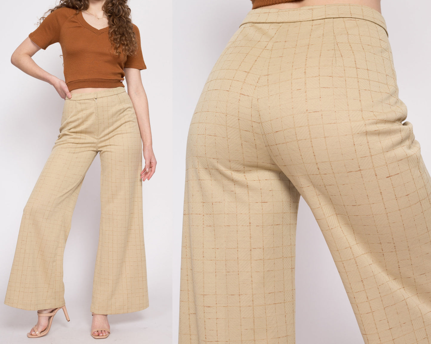 70s Tan Grid Print Wide Leg Pants - Medium, 27"-28"