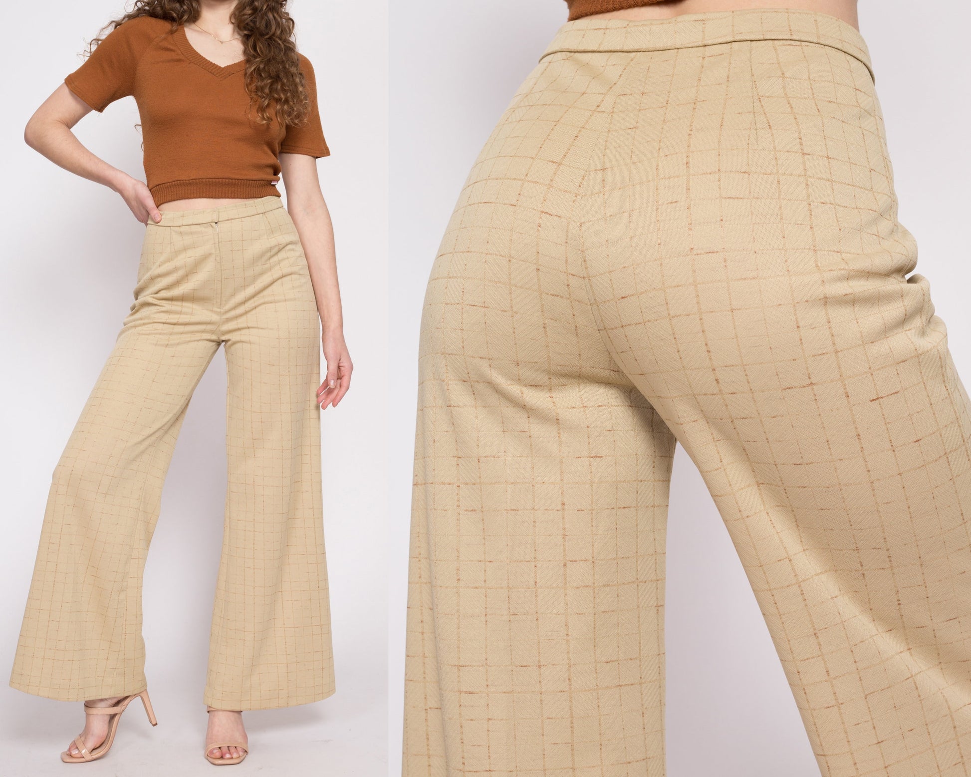 70s Tan Grid Print Wide Leg Pants - Medium, 27-28 – Flying Apple Vintage