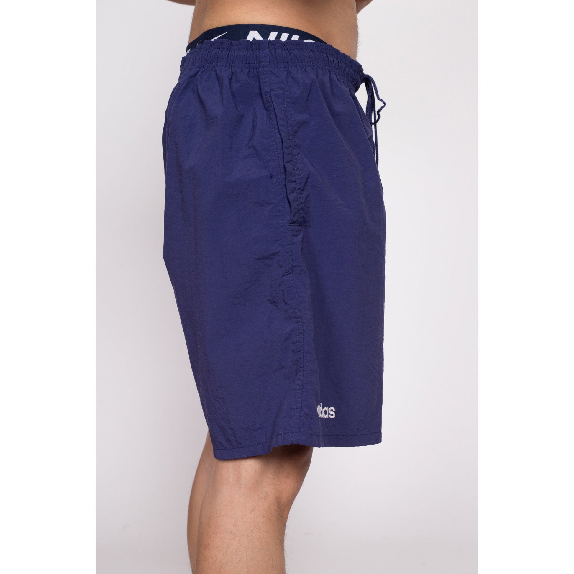 90s Adidas Trefoil Logo Track Shorts - Men's Large to XL | Vintage Blue White Striped Nylon Athletic Running Shorts