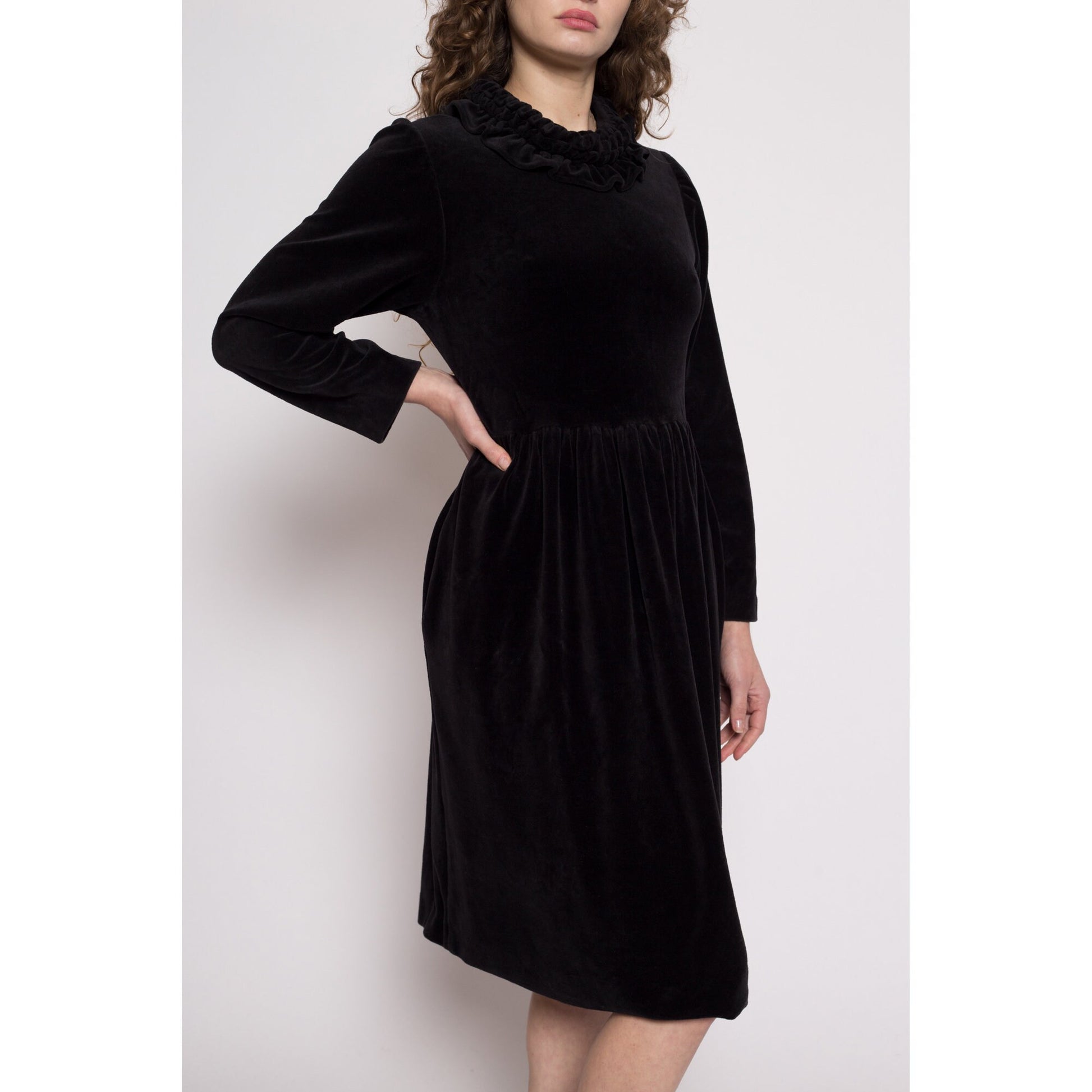 Vintage Black Velvet Ruffle Collar Midi Dress - One Size