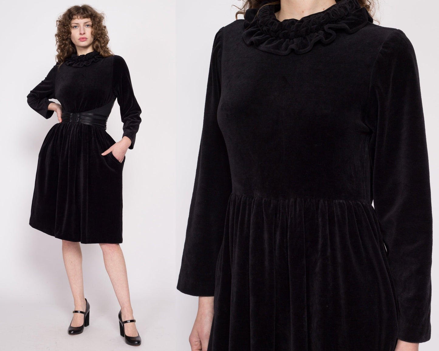 Vintage Black Velvet Ruffle Collar Midi Dress - One Size – Flying Apple ...