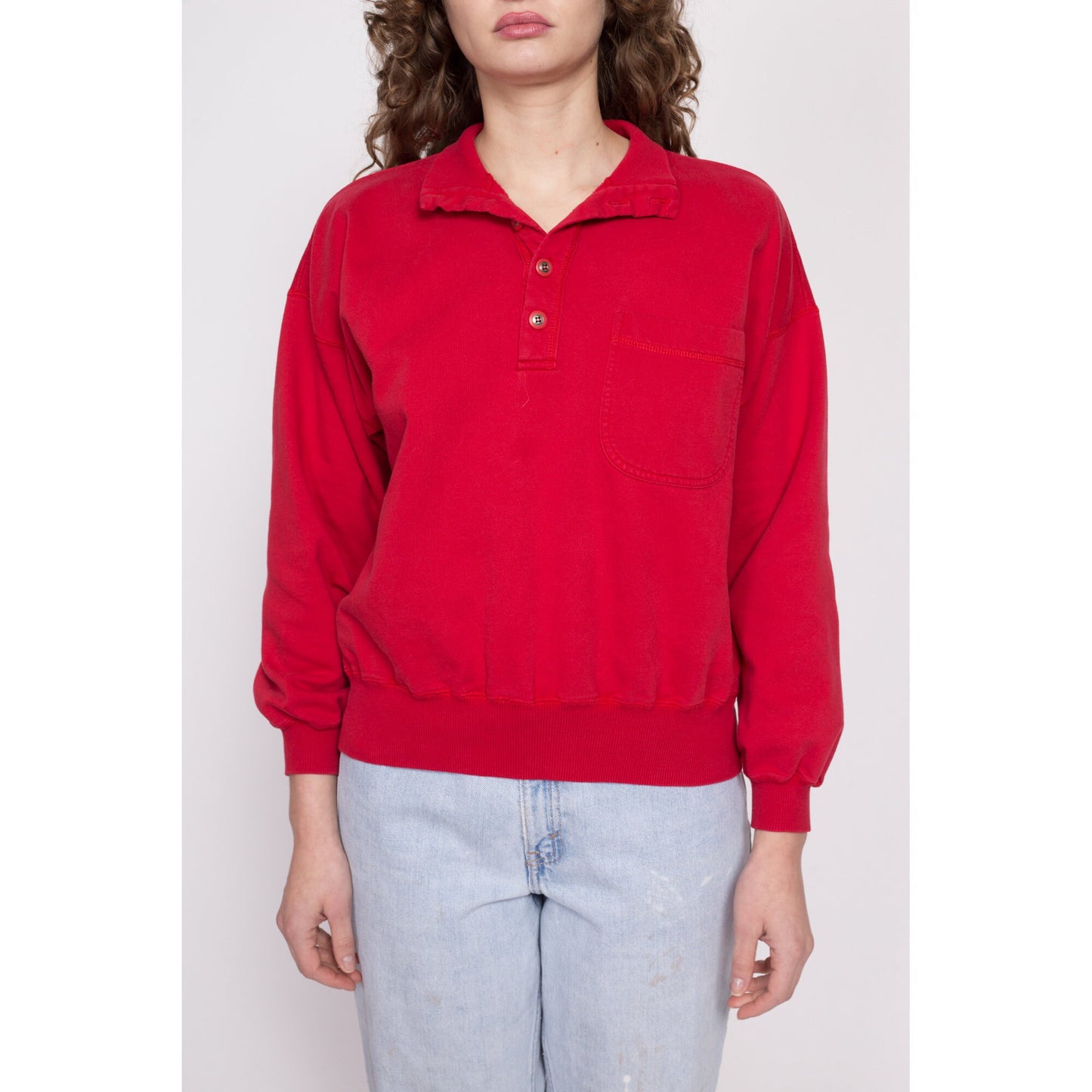 90s Lizwear Red Cropped Collared Sweatshirt - Medium