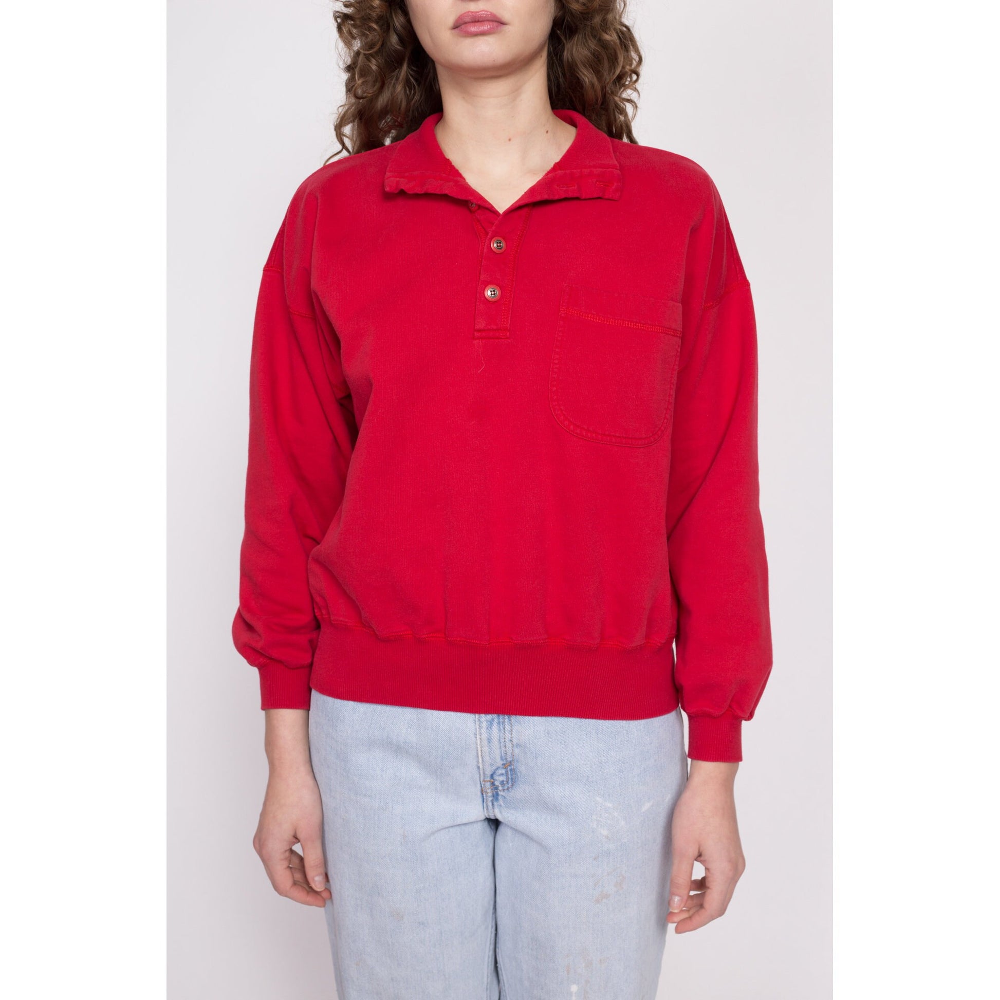 90s Lizwear Red Cropped Collared Sweatshirt - Medium