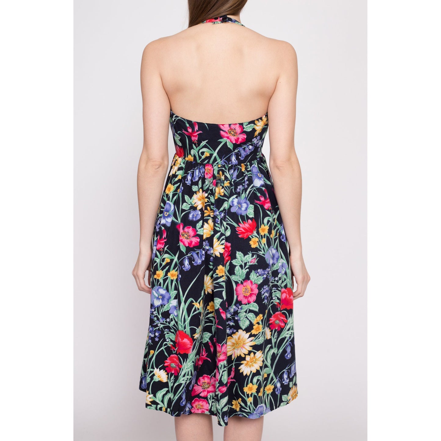 80s Black Floral Fit & Flare Sundress - Extra Small