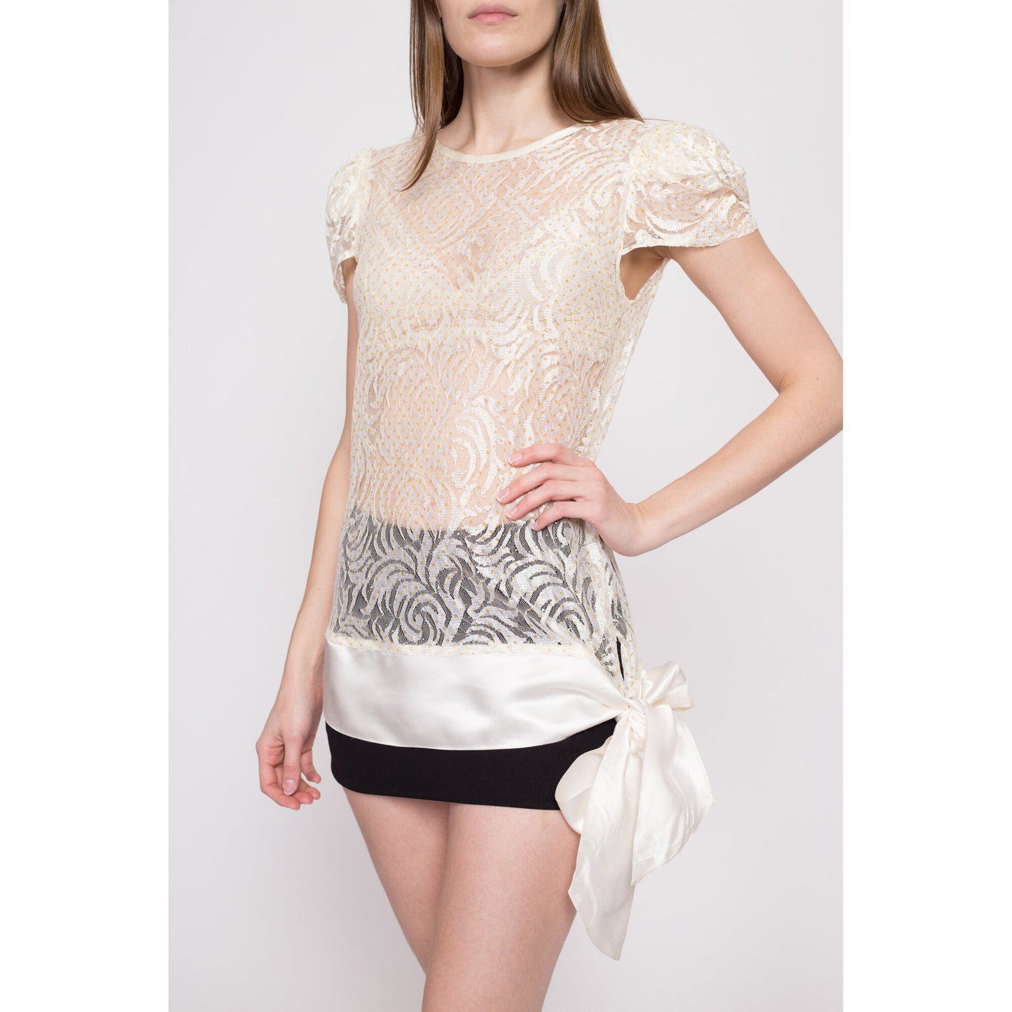 Y2K White Lace Satin Bow Tunic Top - Small