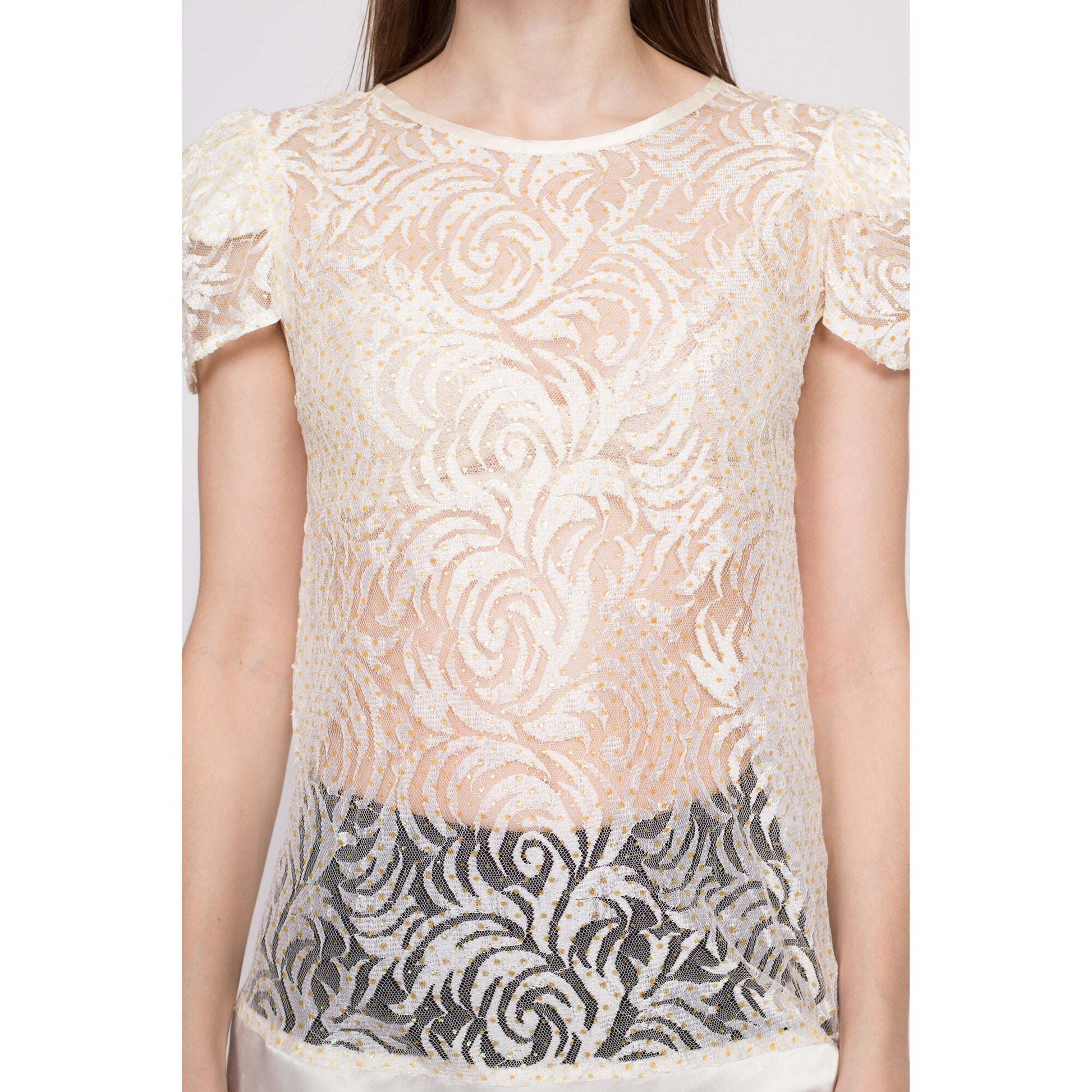 Y2K White Lace Satin Bow Tunic Top - Small