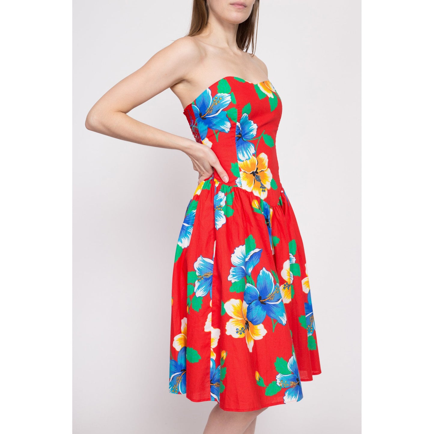 80s Red Floral Strapless Fit & Flare Dress - XS to Small