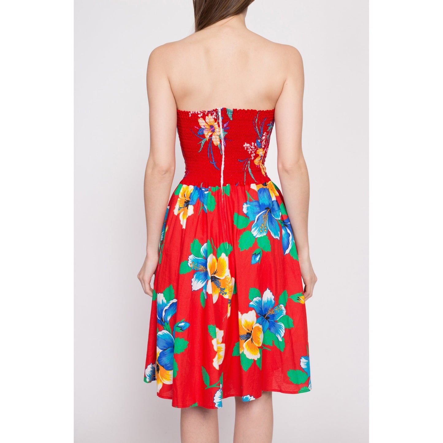 80s Red Floral Strapless Fit & Flare Dress - XS to Small