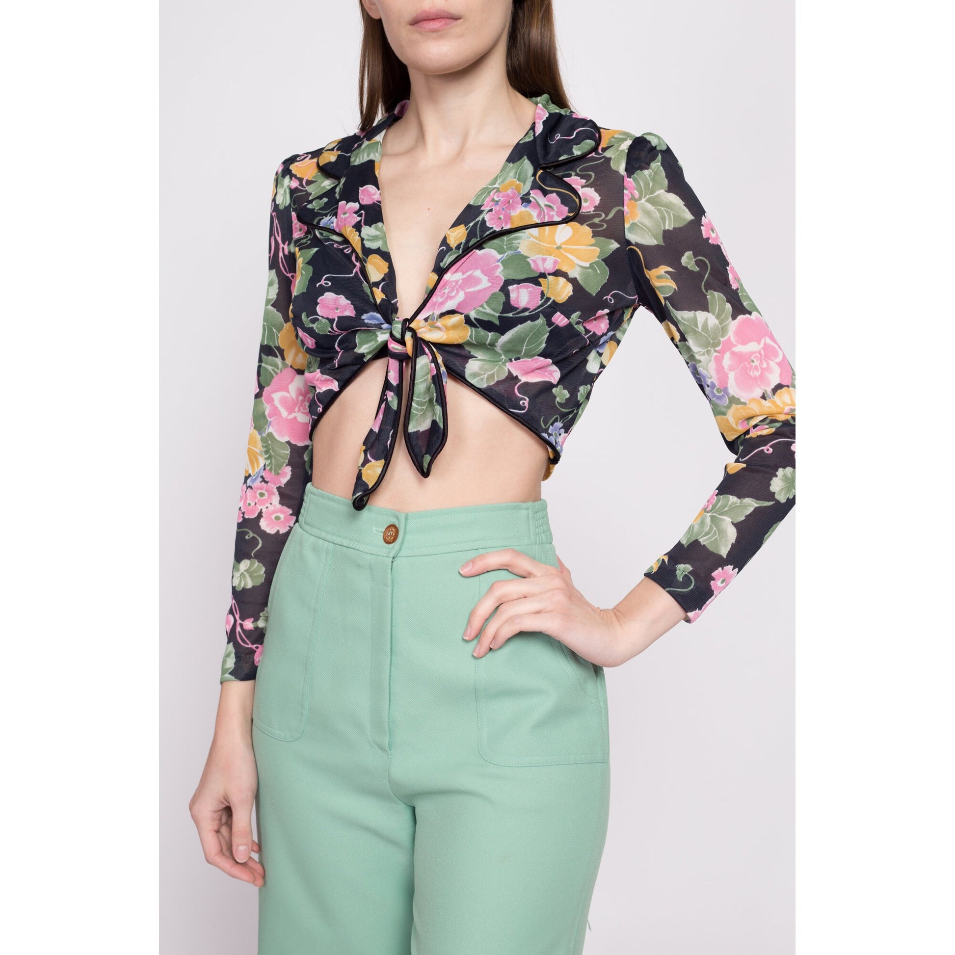 70s Sheer Black Floral Tie Front Crop Top - Small – Flying Apple