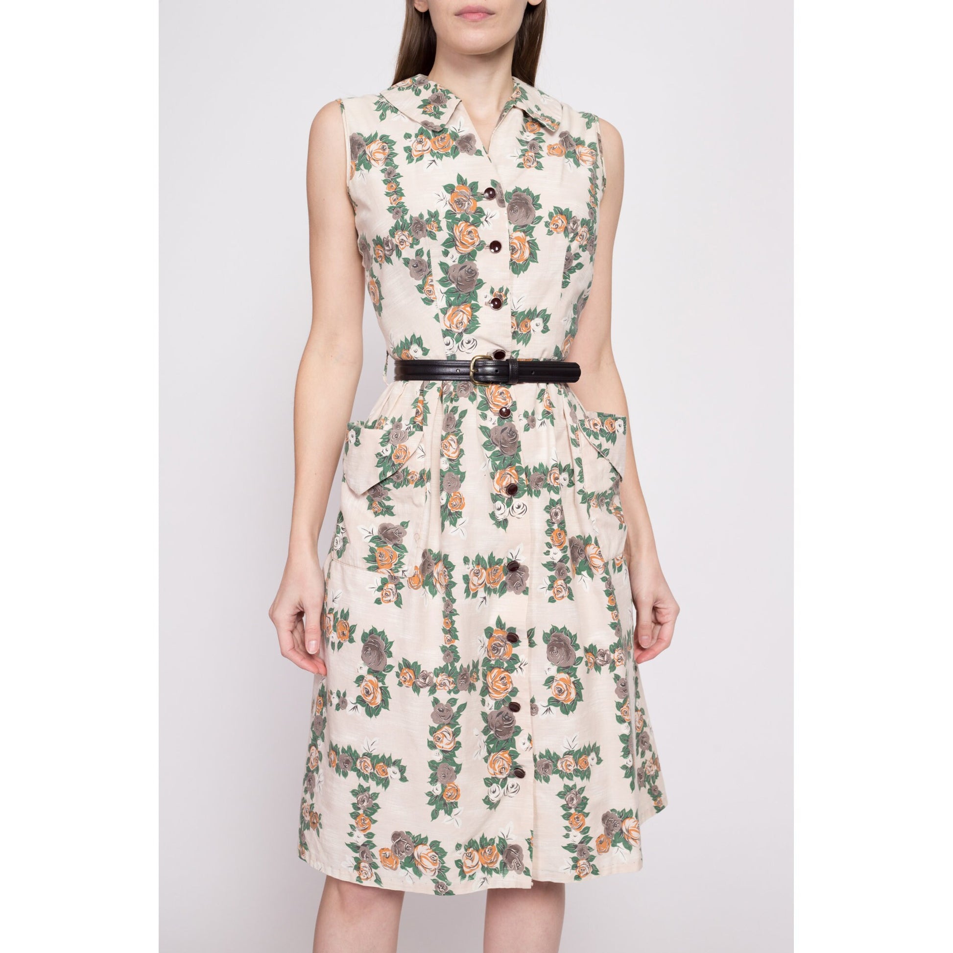 60s Rose Print Pocket Day Dress - Extra Small