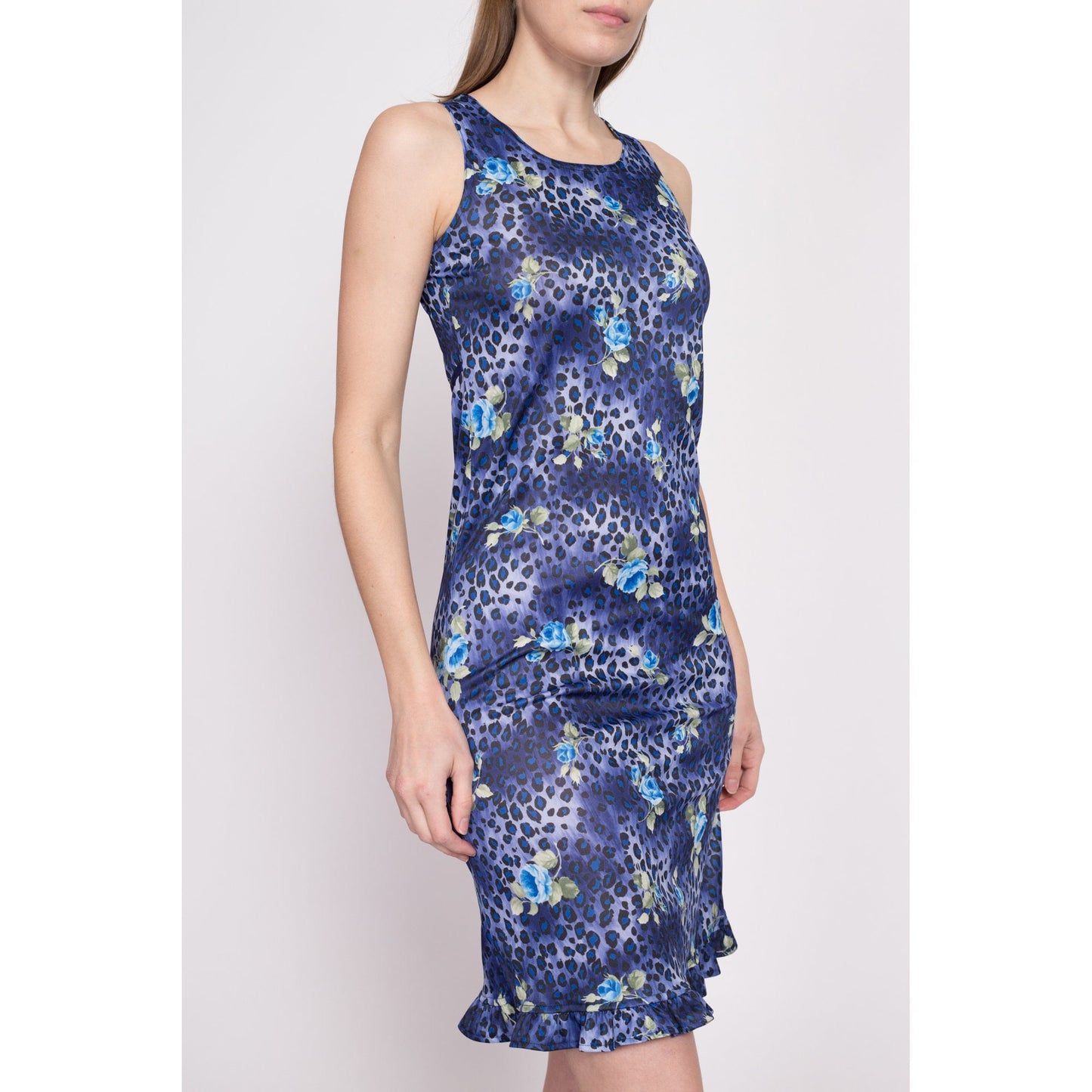 Y2K Blue Leopard Print Floral Mini Dress - Extra Small