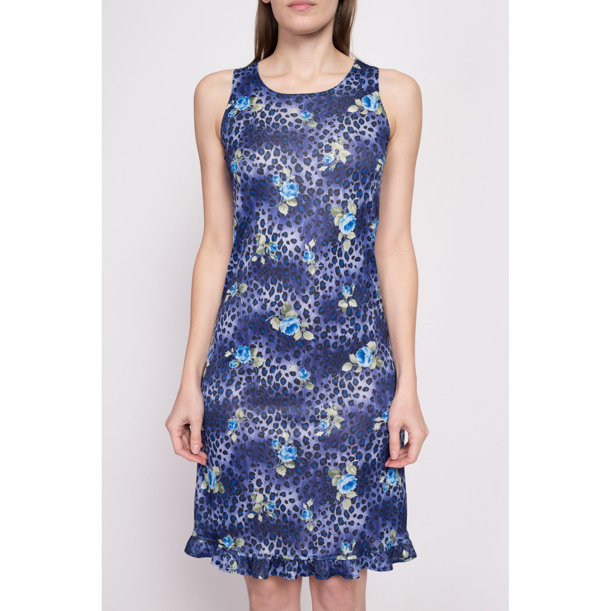 Y2K Blue Leopard Print Floral Mini Dress - Extra Small