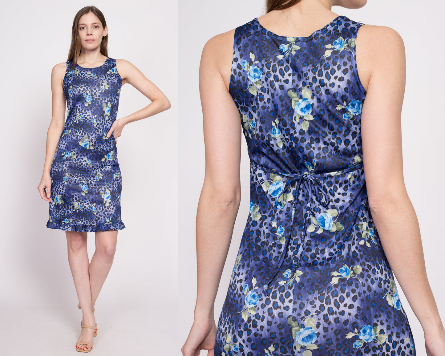 Y2K Blue Leopard Print Floral Mini Dress - Extra Small