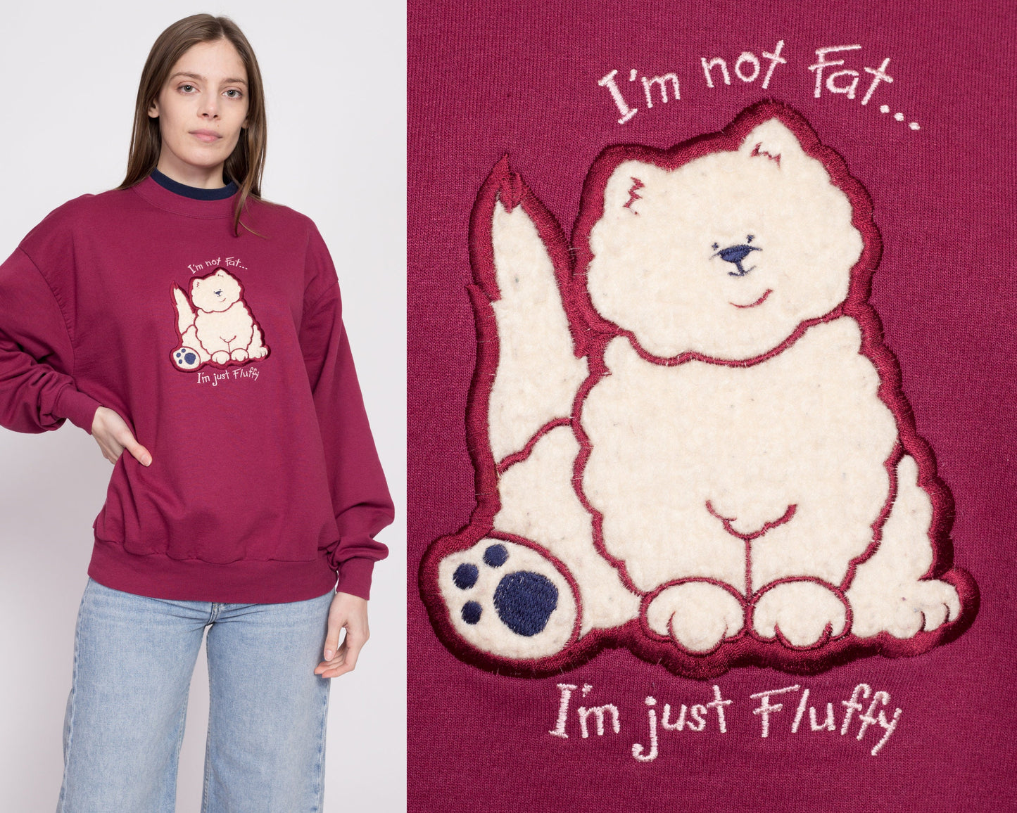 90s "I'm Not Fat I'm Just Fluffy" Cat Sweatshirt - Large