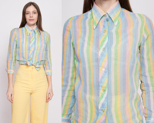 70s Sheer Pastel Striped Blouse - Petite XS | Vintage Long Sleeve Collared Button Up Shirt