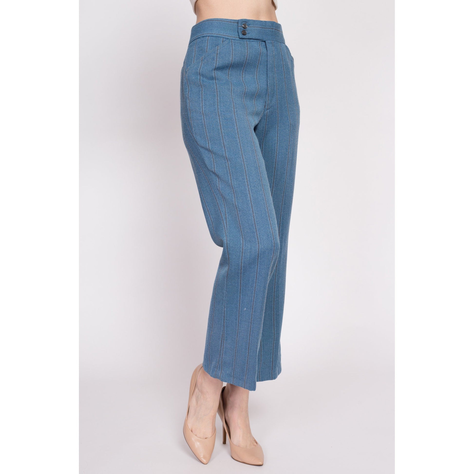 70s Blue Striped Bootcut Trousers - Men's Medium Short, 32x27 | Vintage Farah Unisex Retro High Waisted Pants