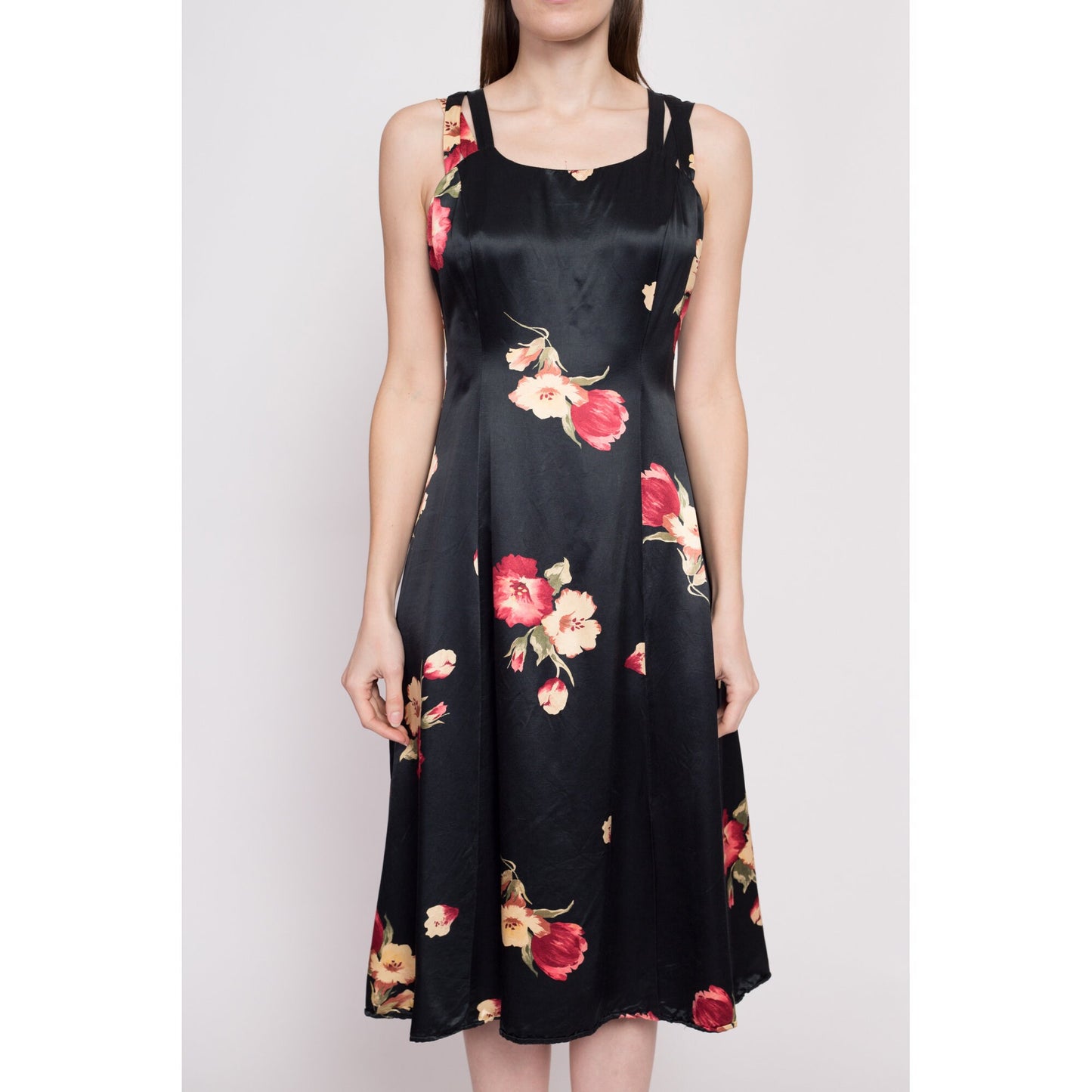 80s Black Floral Satin Midi Dress - Medium | Vintage A Line Boho Formal Sundress