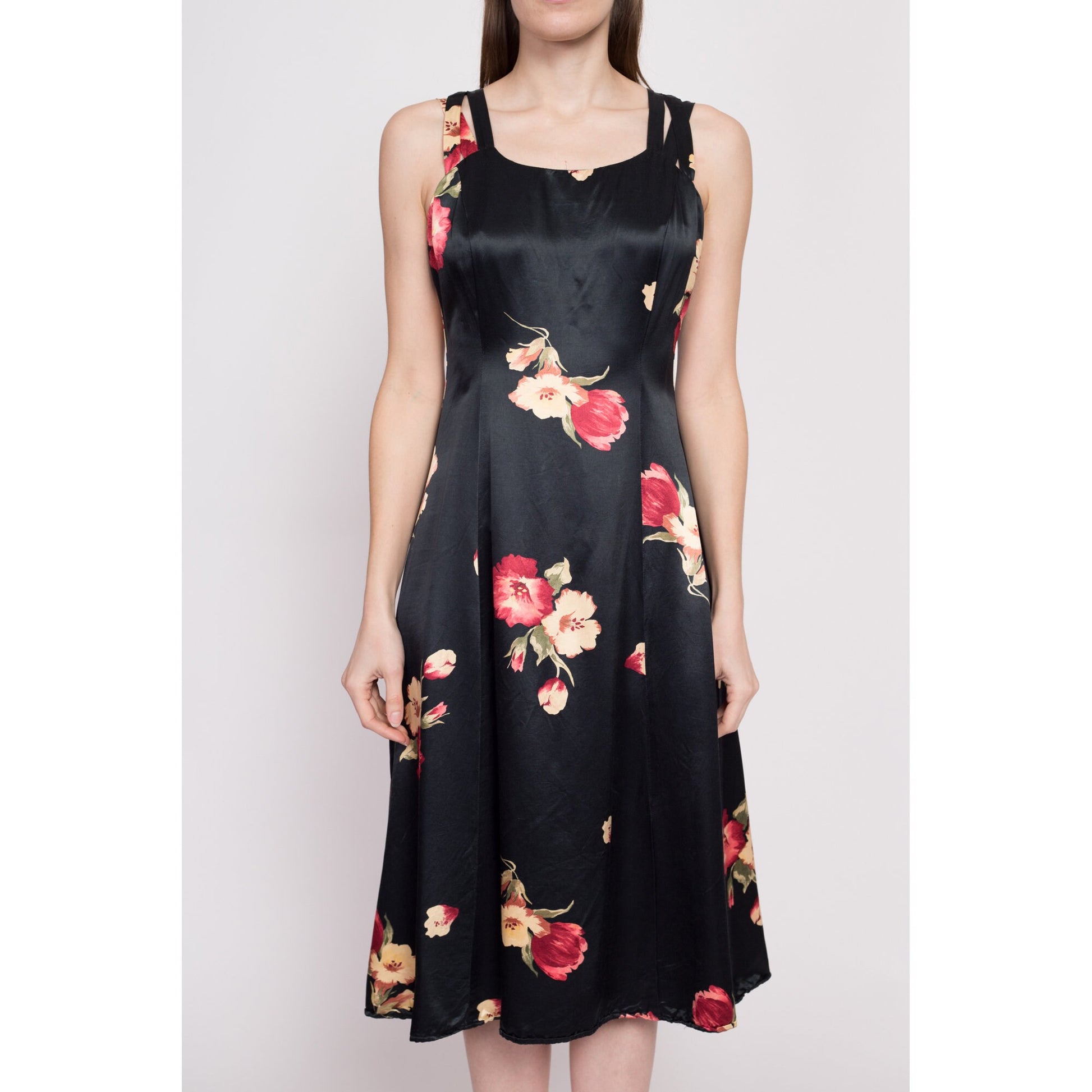 80s Black Floral Satin Midi Dress - Medium | Vintage A Line Boho Formal Sundress