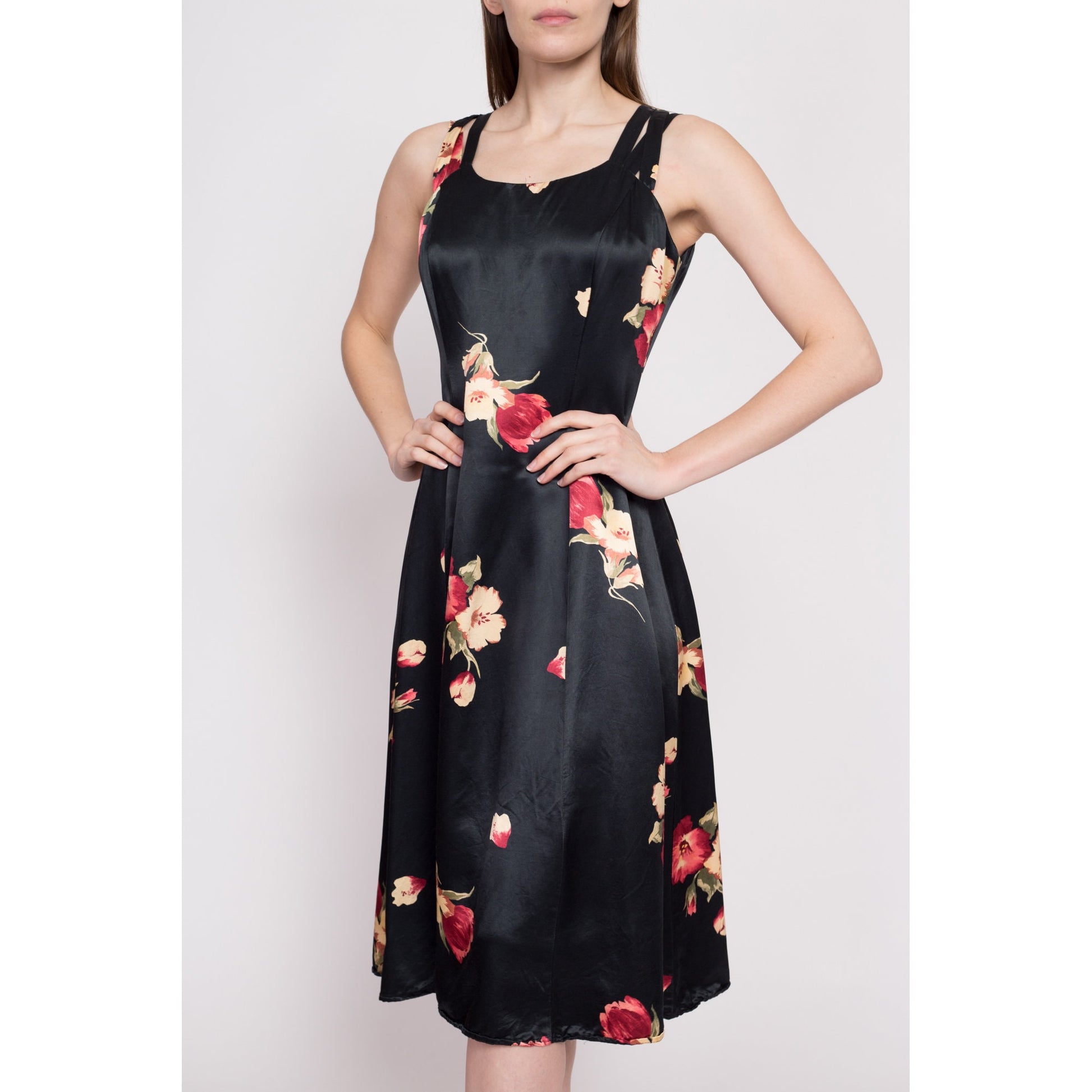 80s Black Floral Satin Midi Dress - Medium | Vintage A Line Boho Formal Sundress