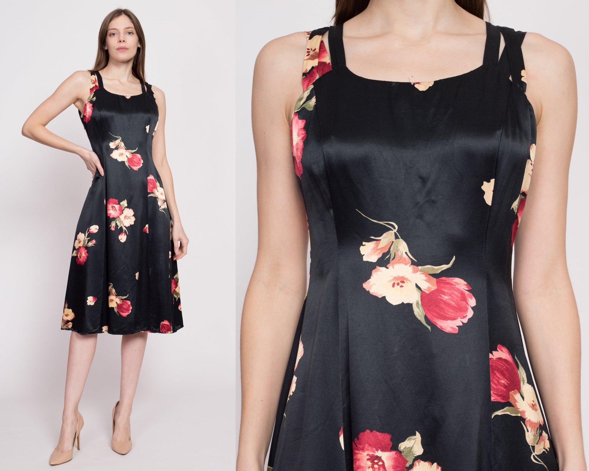 80s Black Floral Satin Midi Dress - Medium | Vintage A Line Boho Formal Sundress