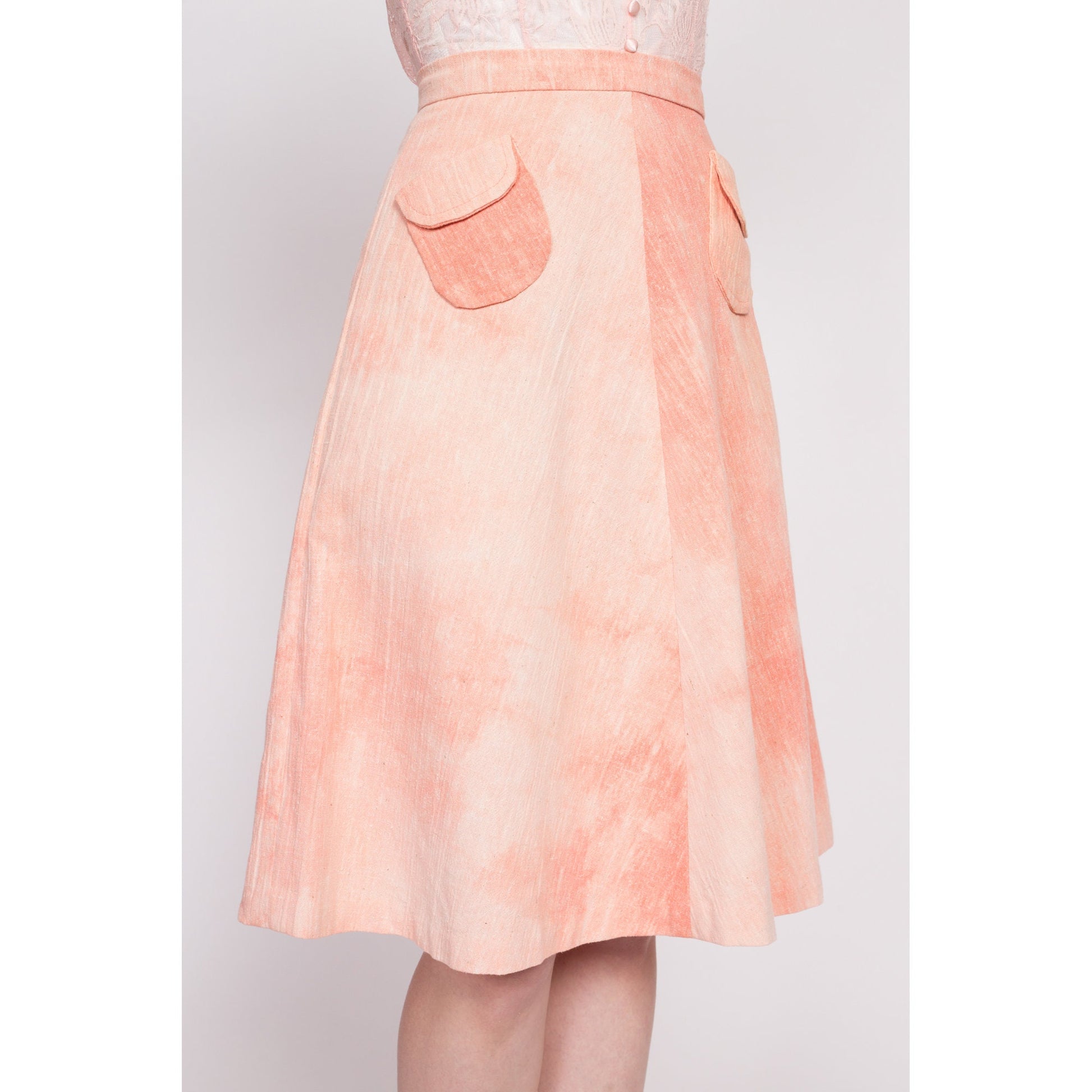 70s Peach Pink Tie Dye Skirt - Extra Small, 24" | Vintage Boho High Waisted A Line Pocket Skirt